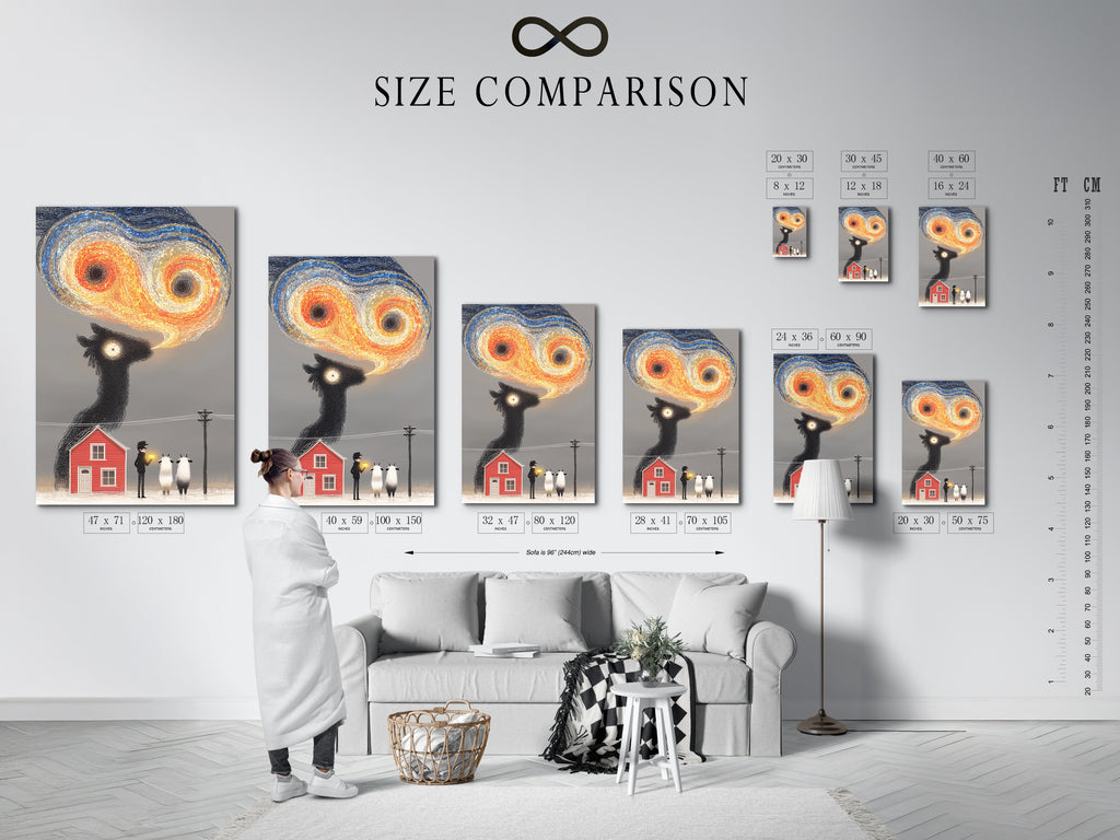 A size comparison chart is displayed in an interior setting. It showcases various sizes of the surreal sheep art. This chart helps visualize the perfect fit for your space. Choose from small to large sizes for any room. It's perfect for farmhouse decor and quirky artwork.