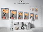A size comparison chart is displayed in an interior setting. It showcases various sizes of the surreal sheep art. This chart helps visualize the perfect fit for your space. Choose from small to large sizes for any room. It's perfect for farmhouse decor and quirky artwork.