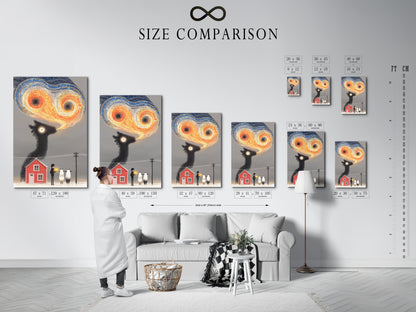 A size comparison chart is displayed in an interior setting. It showcases various sizes of the surreal sheep art. This chart helps visualize the perfect fit for your space. Choose from small to large sizes for any room. It's perfect for farmhouse decor and quirky artwork.