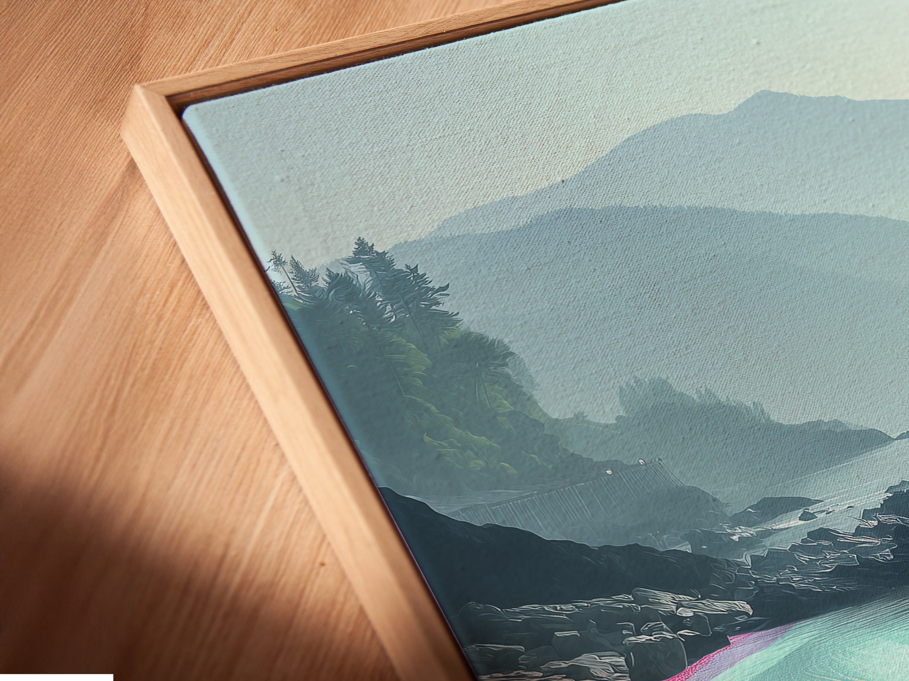 A close-up angled view of a canvas print in a floating frame. The coastal landscape artwork features a turquoise ocean. This modern seascape poster enhances any space. Ideal for bedroom wall decor this art is perfect for coastal themed rooms