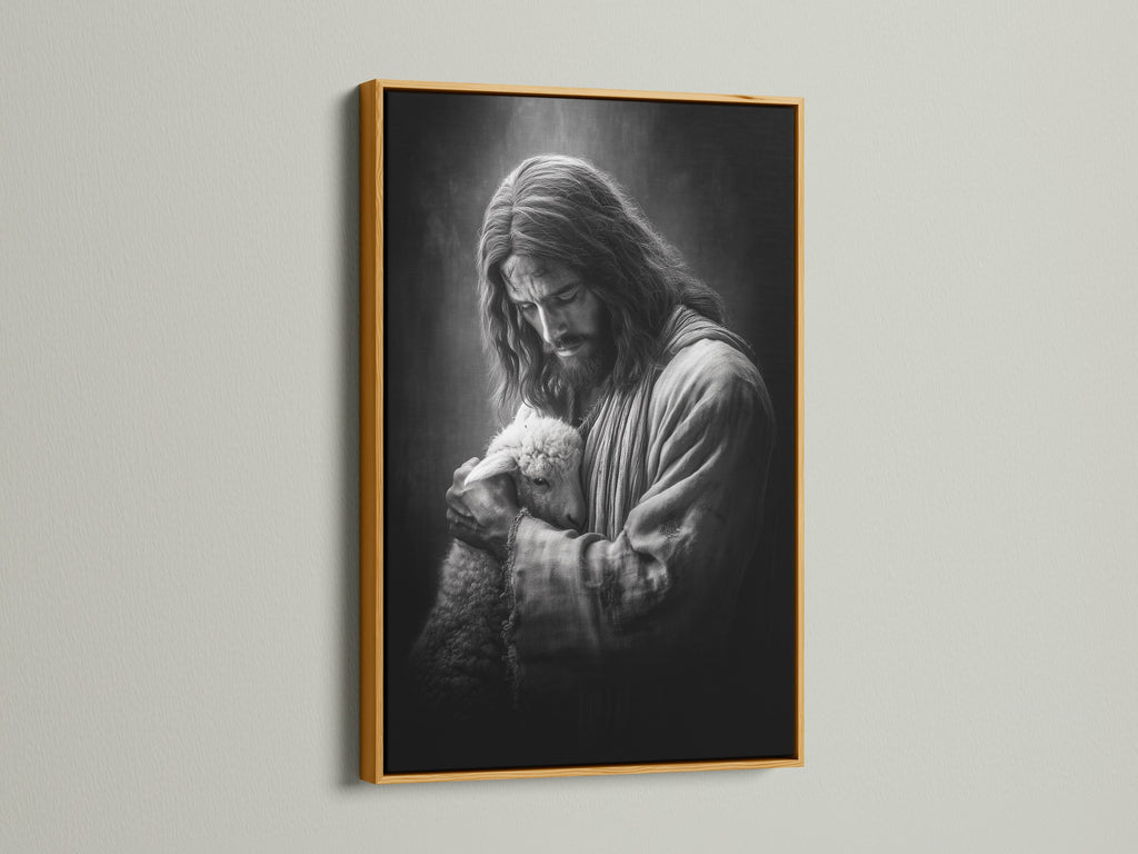Artwork of Jesus holding a lamb is displayed in a gold frame. The gold frame offers a luxurious and elegant aesthetic. This frame enhances the artwork's beauty. It seamlessly integrates with any interior setting. Perfect for elevating decor.