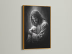 Artwork of Jesus holding a lamb is displayed in a gold frame. The gold frame offers a luxurious and elegant aesthetic. This frame enhances the artwork's beauty. It seamlessly integrates with any interior setting. Perfect for elevating decor.