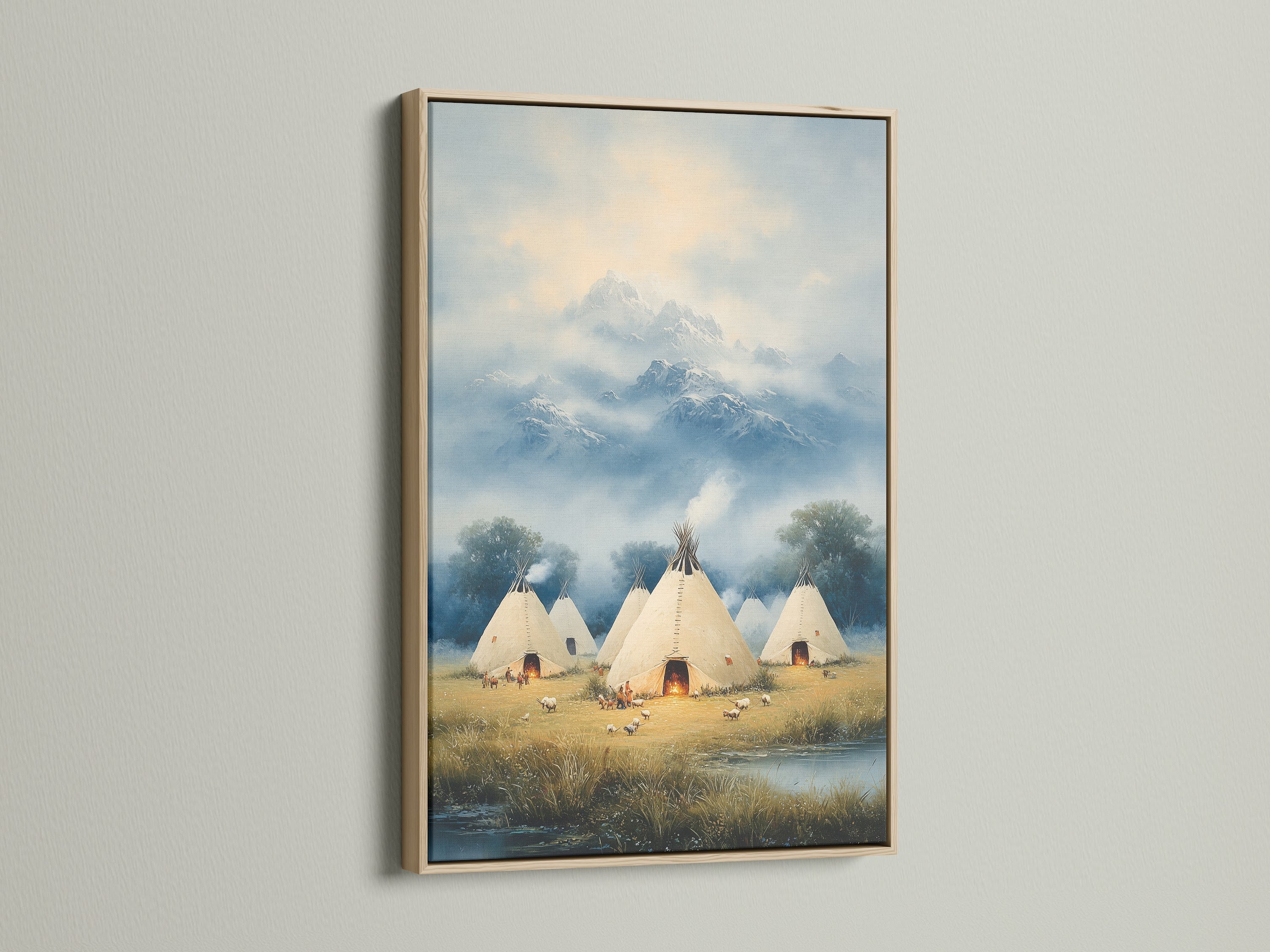 Native American Teepee Mountain Wall Art with an oak frame. This canvas print features a serene landscape. It is ideal for cabin wall decor or southwest art themes. The tipi print adds a tribal touch. This piece enhances any rustic wall decor setting.