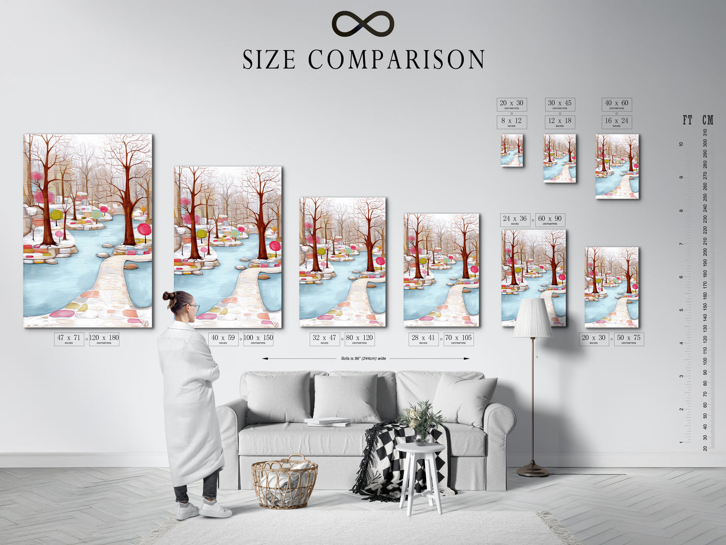 This size comparison chart shows the Winter Garden artwork in an interior setting. See how the pastel color art fits your space. The colorful trees art is available in multiple sizes. Find the perfect fit for your home today. This modern art is a must-have.