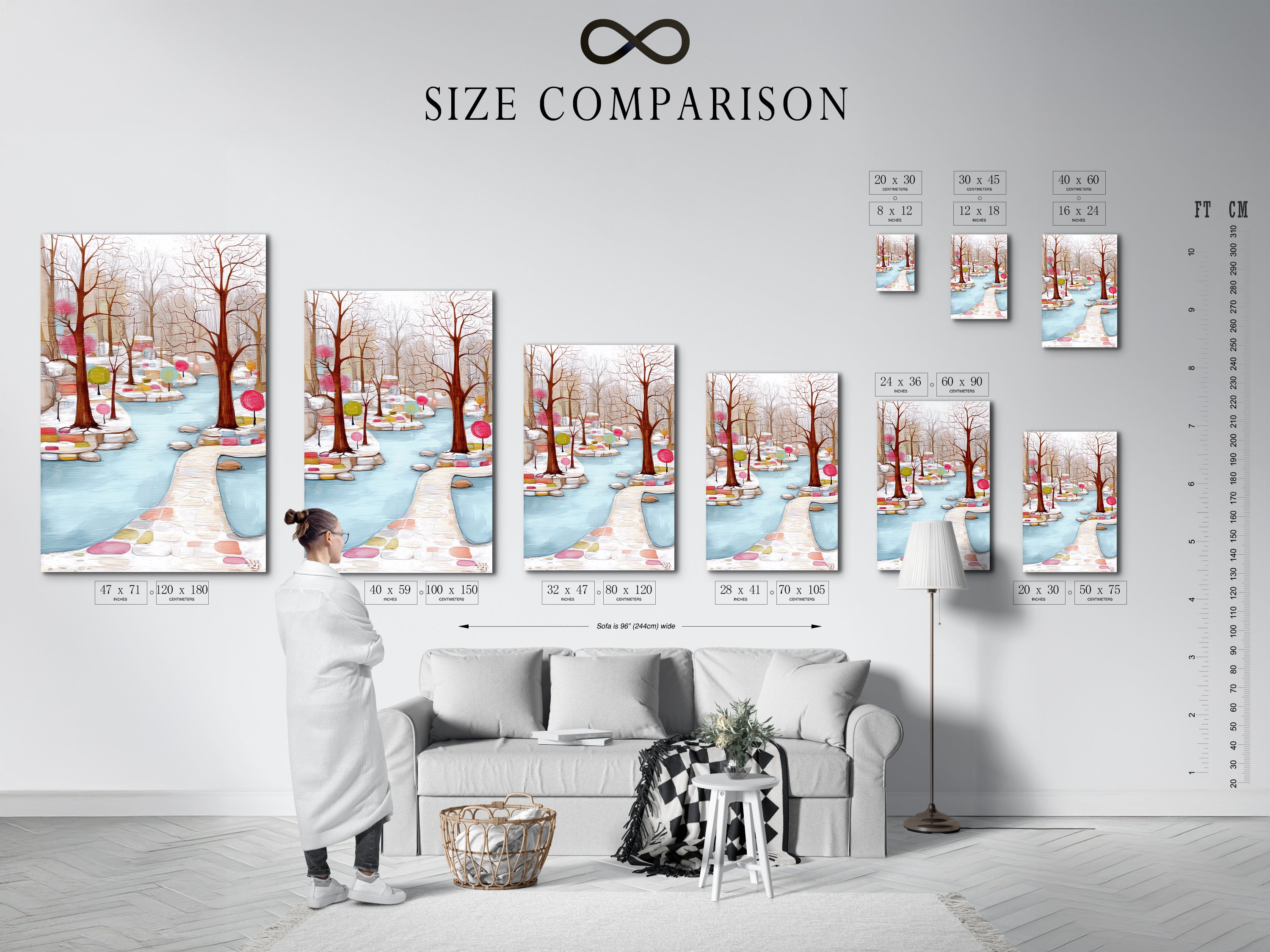 This size comparison chart shows the Winter Garden artwork in an interior setting. See how the pastel color art fits your space. The colorful trees art is available in multiple sizes. Find the perfect fit for your home today. This modern art is a must-have.