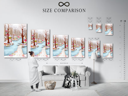 This size comparison chart shows the Winter Garden artwork in an interior setting. See how the pastel color art fits your space. The colorful trees art is available in multiple sizes. Find the perfect fit for your home today. This modern art is a must-have.