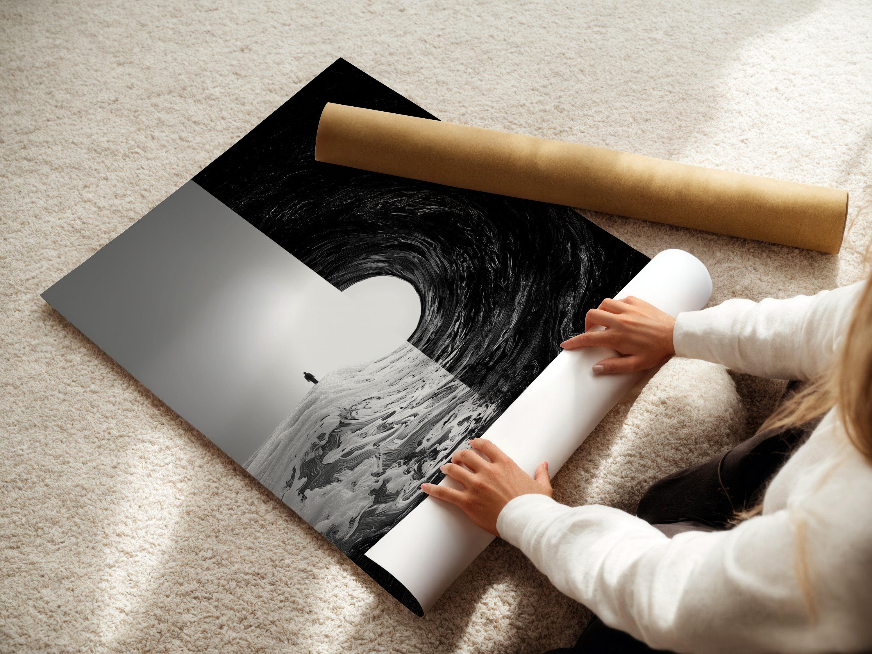 A woman is carefully rolling a fine art poster paper. She handles the delicate paper with precision. This ensures the artwork remains pristine. High-quality poster paper is essential for fine art prints. Discover our fine art poster options.