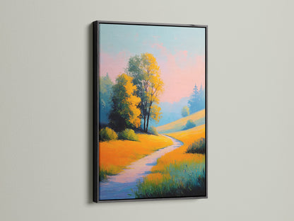 The golden meadow path artwork is strikingly framed in black. This adds a bold and contemporary touch to the nature canvas art. The artwork's golden yellow art stands out. This landscape wall decor will create a sophisticated focal point in your home or office.