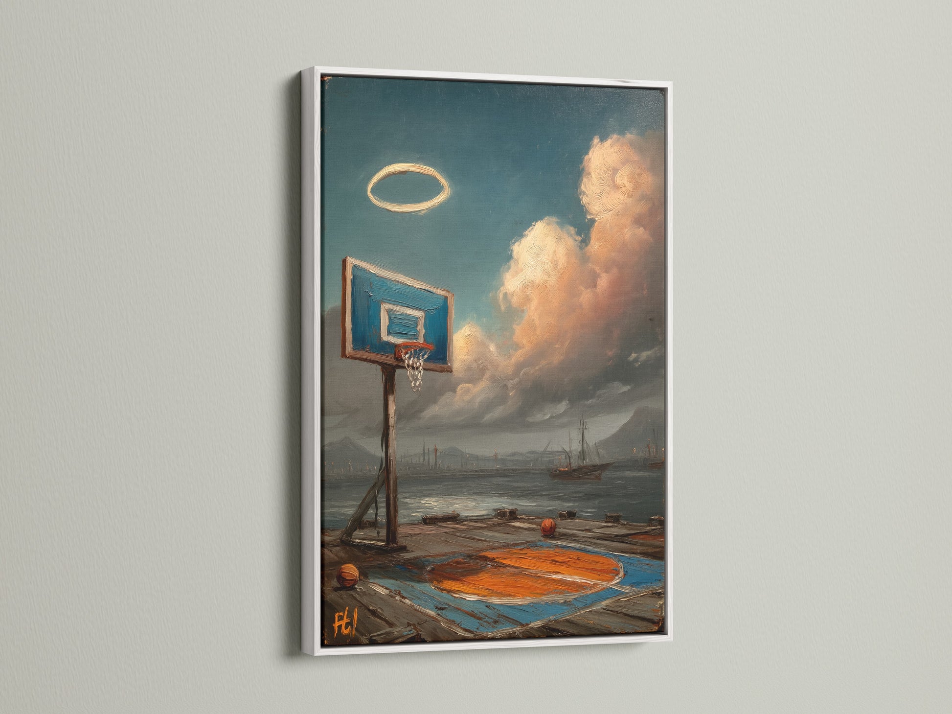 Here's the coastal basketball artwork in a white frame. It creates a clean and modern look for the artwork. Perfect sport art print for any room. This artwork brings a fresh coastal vibe. A great gift option for a man cave or game room.