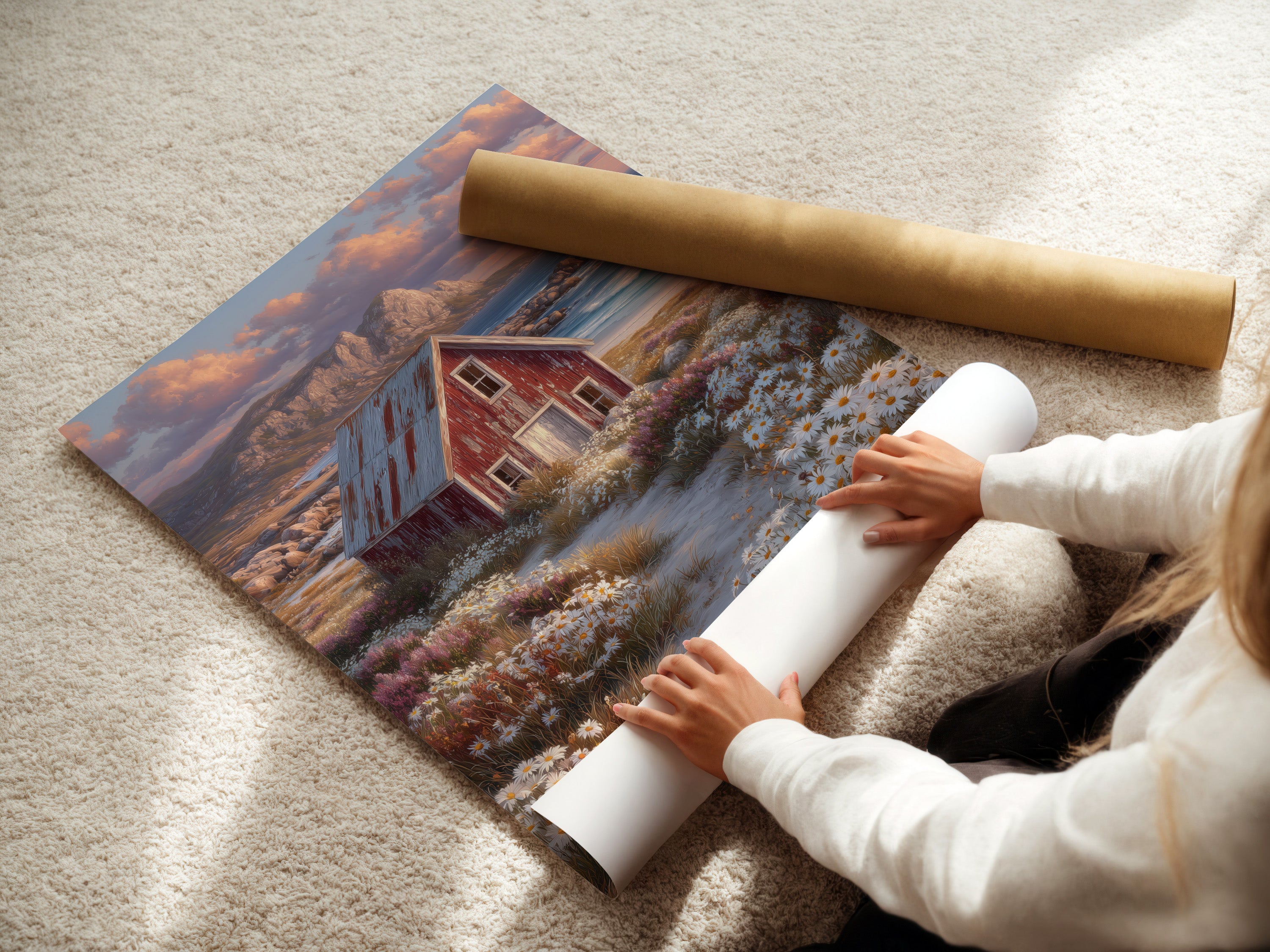 A woman is carefully rolling a fine art poster paper. The paper features a coastal cottage artwork. The art includes a rustic red barn. It captures the essence of a seaside landscape. This is perfect for art lovers.