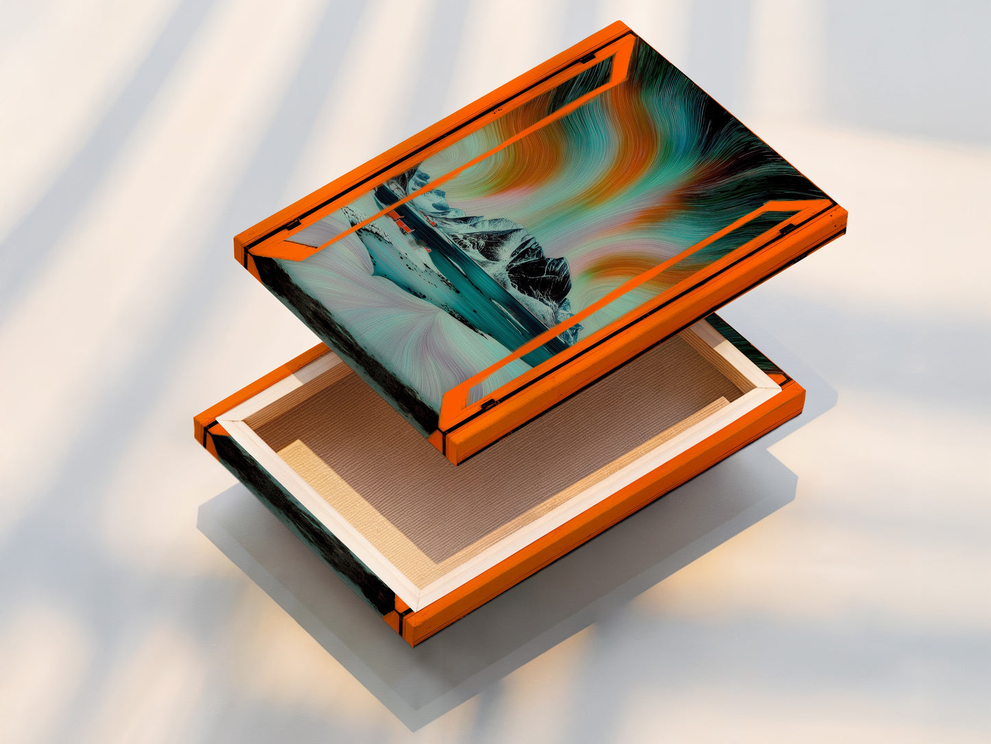 A stretched canvas print displays Aurora Borealis artwork. This Nordic landscape wall art offers an open window view. Teal and orange colors create a vibrant scene. Perfect for modern home decor enthusiasts.