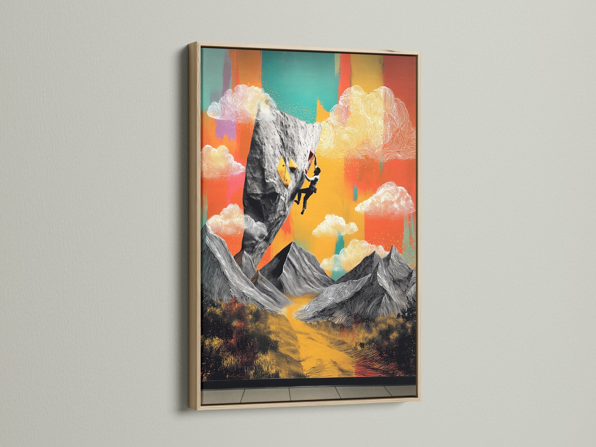 Rock climbing art. This artwork is in an oak frame. It shows a vibrant mountain scene. The warm tones of the oak frame enhances the art. Add adventure to your space with this framed artwork.