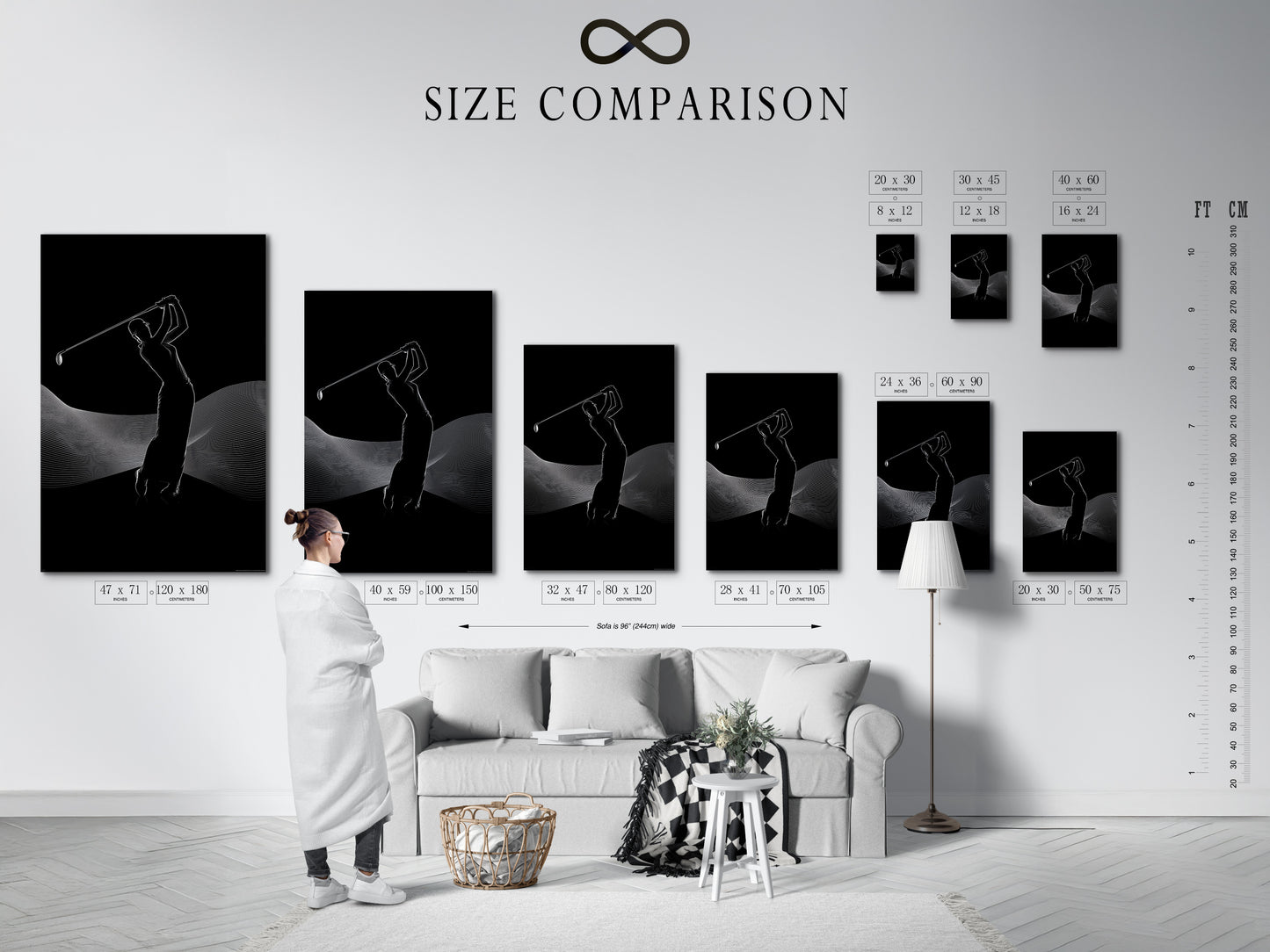This is a size comparison chart in an interior setting. See how different sizes of the golf artwork fit in your space. Plan your gallery wall with this sports canvas print. The golfer silhouette will enhance any room.