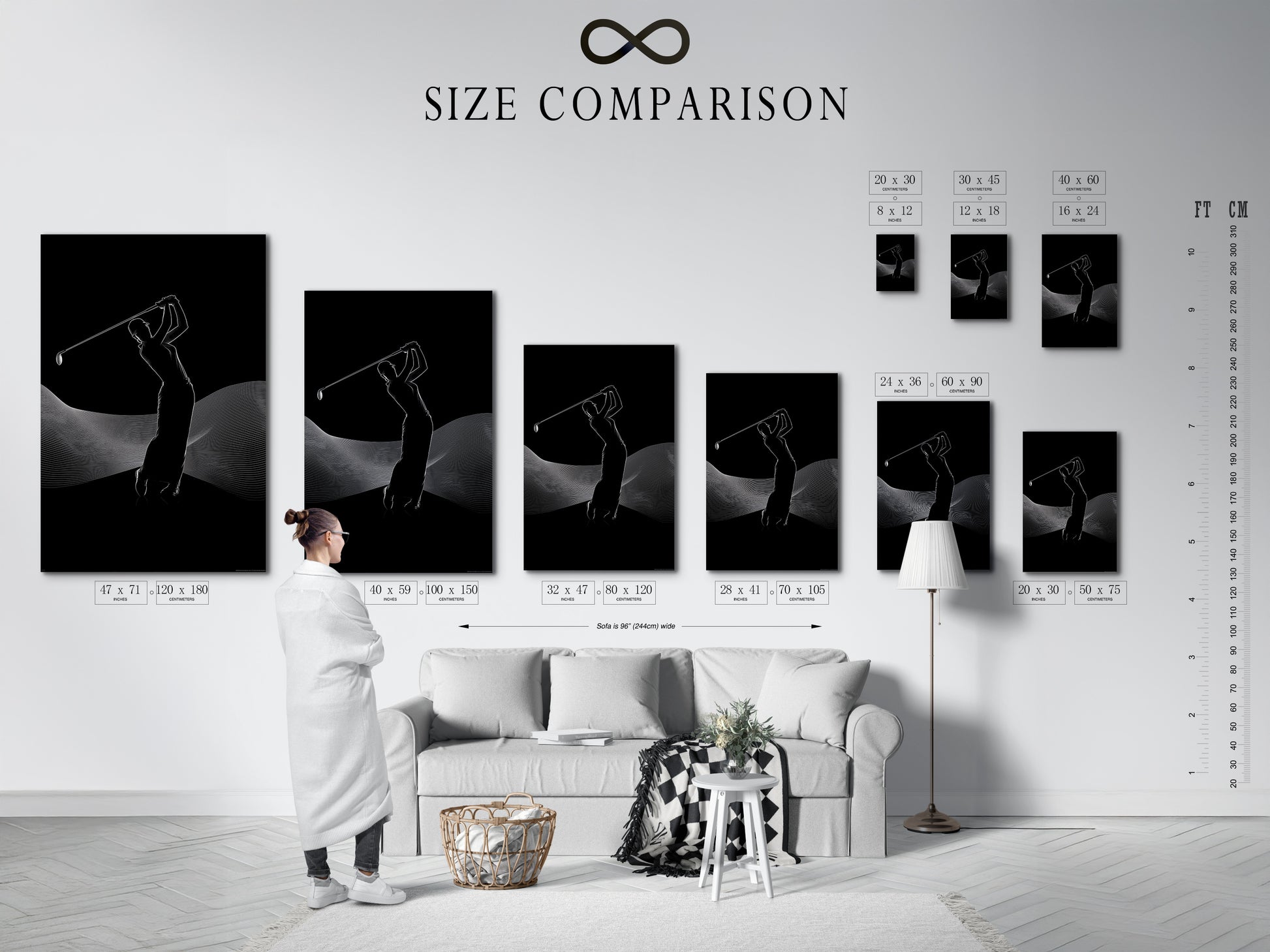 This is a size comparison chart in an interior setting. See how different sizes of the golf artwork fit in your space. Plan your gallery wall with this sports canvas print. The golfer silhouette will enhance any room.