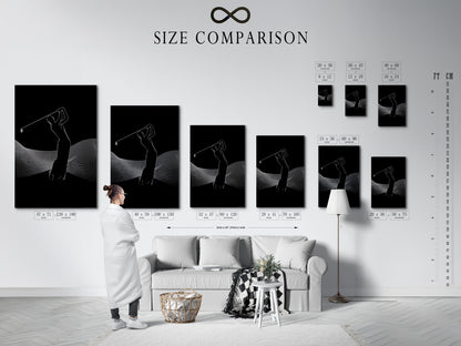 This is a size comparison chart in an interior setting. See how different sizes of the golf artwork fit in your space. Plan your gallery wall with this sports canvas print. The golfer silhouette will enhance any room.