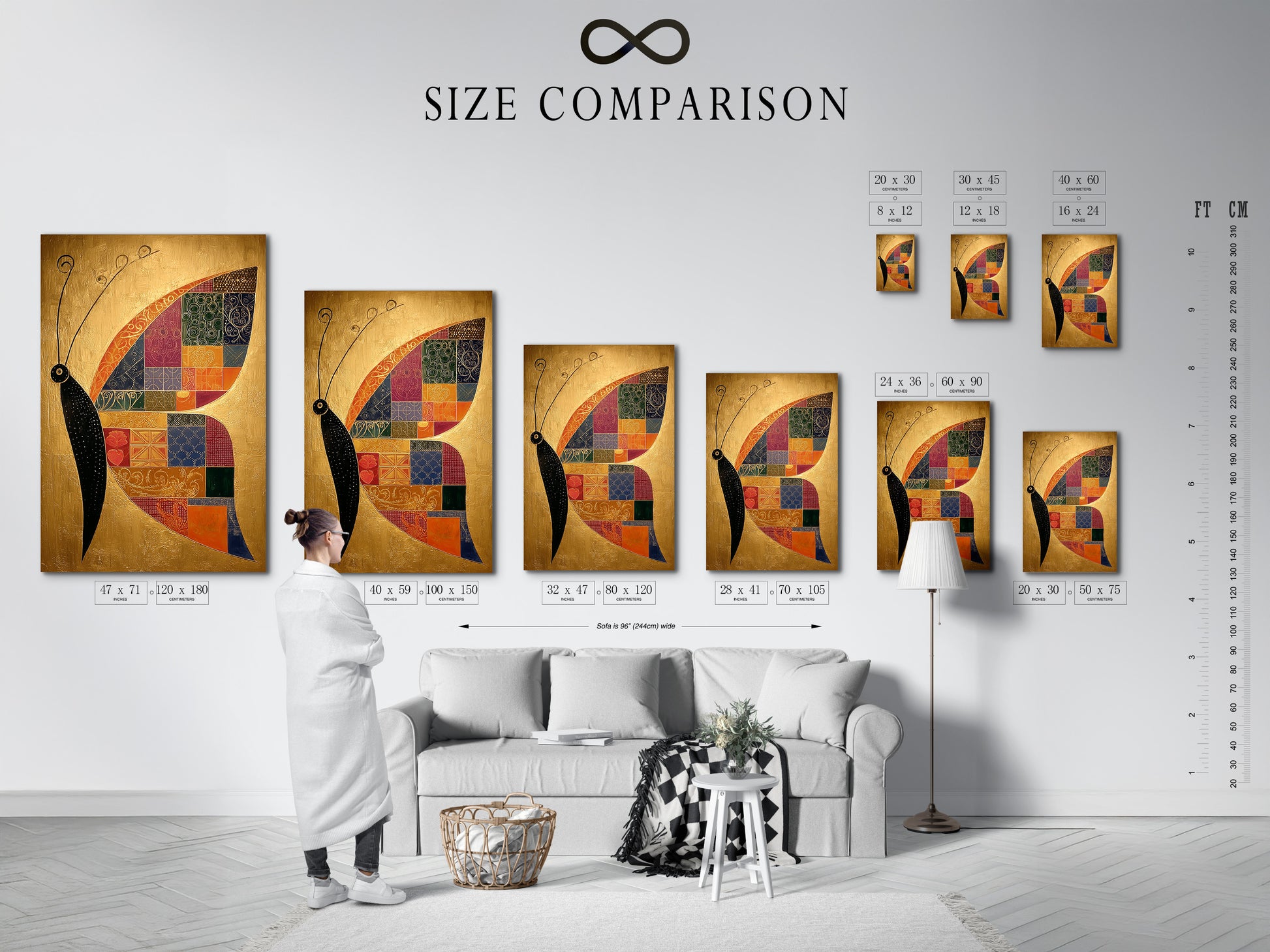 An interior setting displays a size comparison chart. This helps visualize artwork dimensions in a room. The chart showcases various sizes available. This ensures the perfect fit for your space. Choose the ideal artwork size today