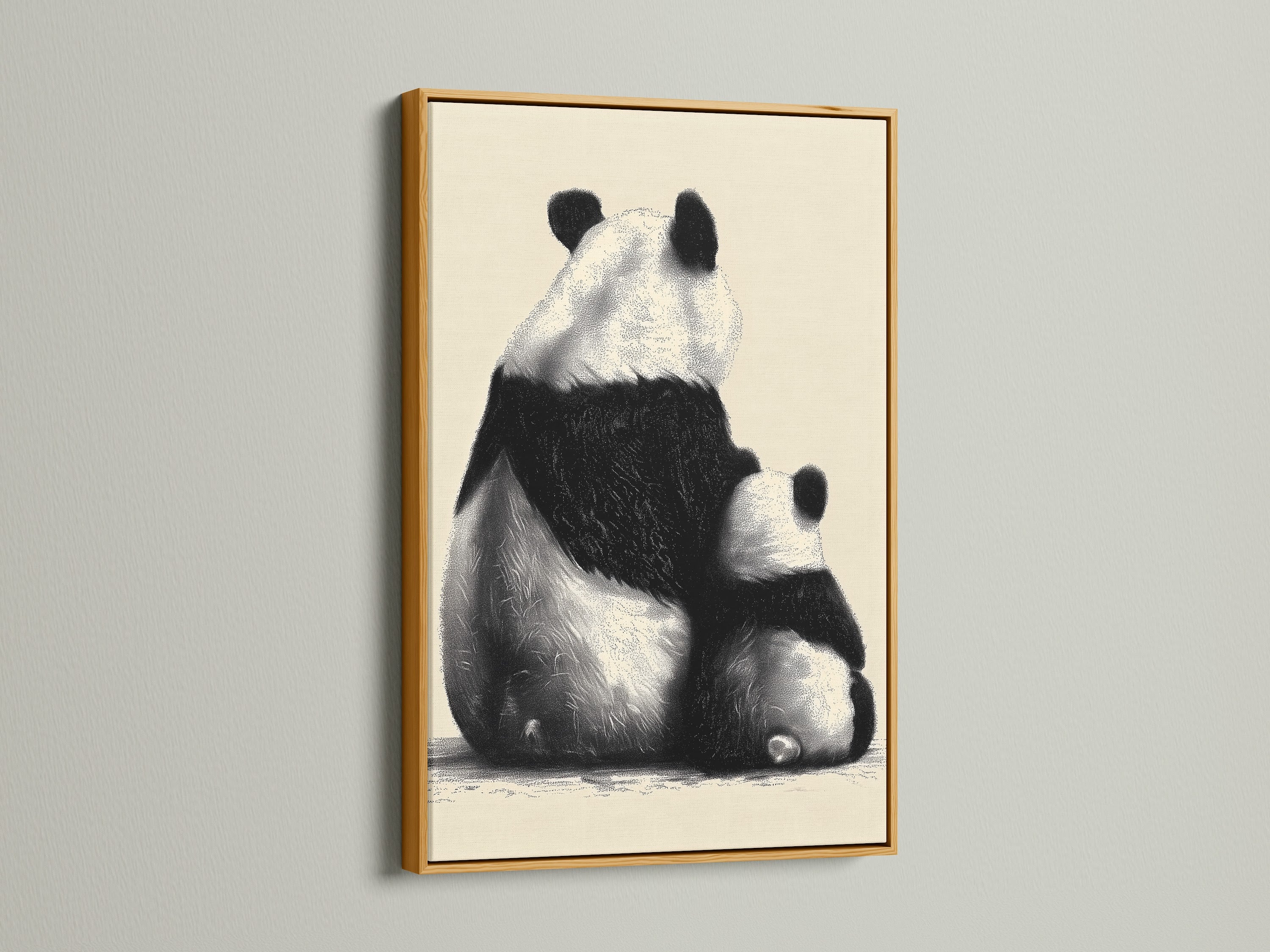 This image presents a gold frame. The artwork inside displays an adorable panda and cub. The gold frame adds a touch of luxury and glamour to the artwork. Elevate your space with this striking framed art piece.