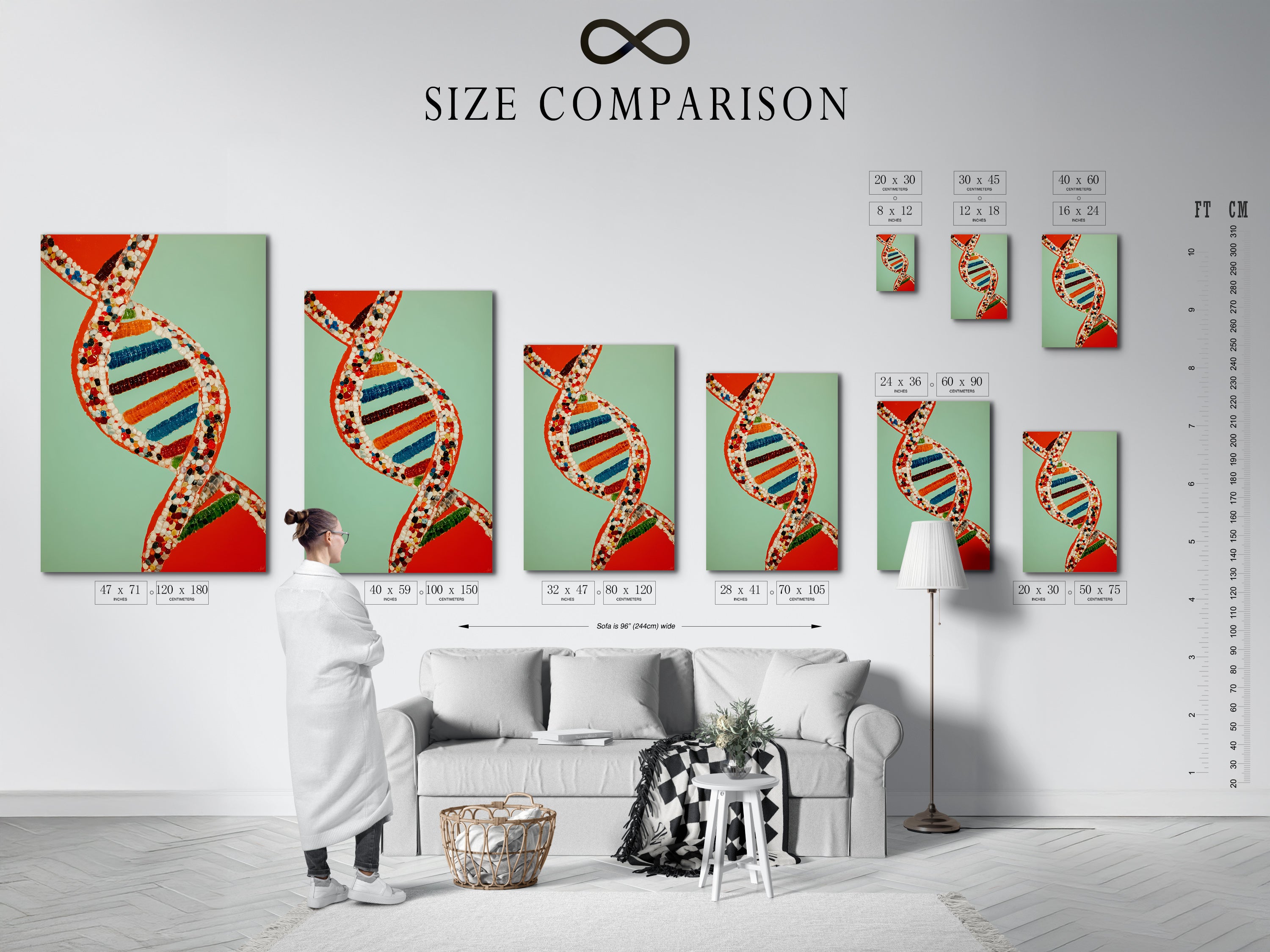 Size comparison chart in an interior setting. This DNA molecule art print is science wall art. The colorful chromosome artwork is perfect for office decor. It is a great gift for scientists. The primary color is green