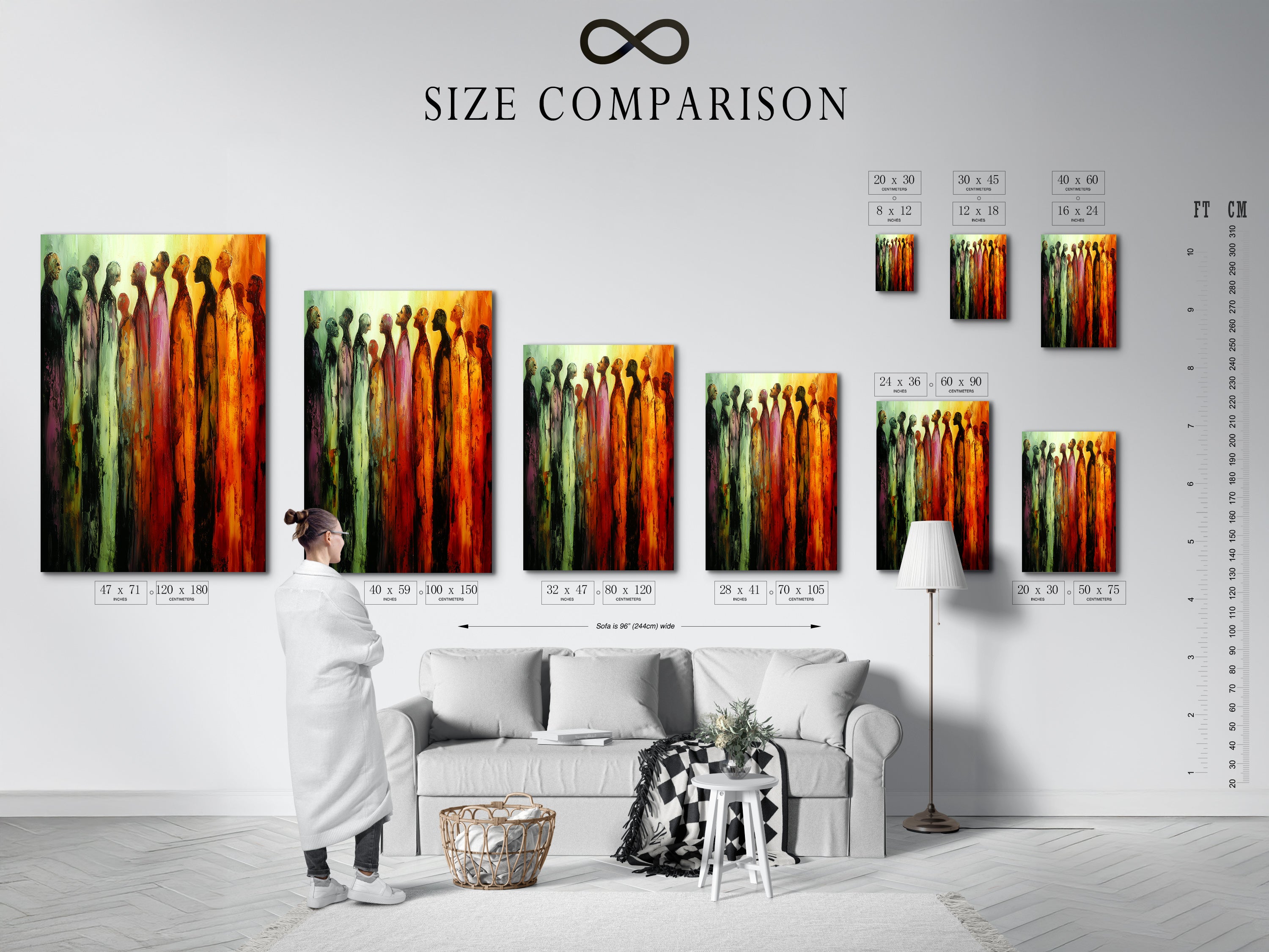 Size comparison chart displayed in an interior setting. See how the figures artwork fits in different spaces. Visualize the impact of this abstract print. Choose the perfect size for your wall art needs. Make an informed decision for your home.