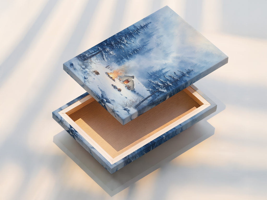 Stretched canvas print of winter cabin artwork. Get a stretched canvas print of this snowy forest wall art. Complements minimalist and Scandinavian styles. Get rustic wall decor for your cabin.