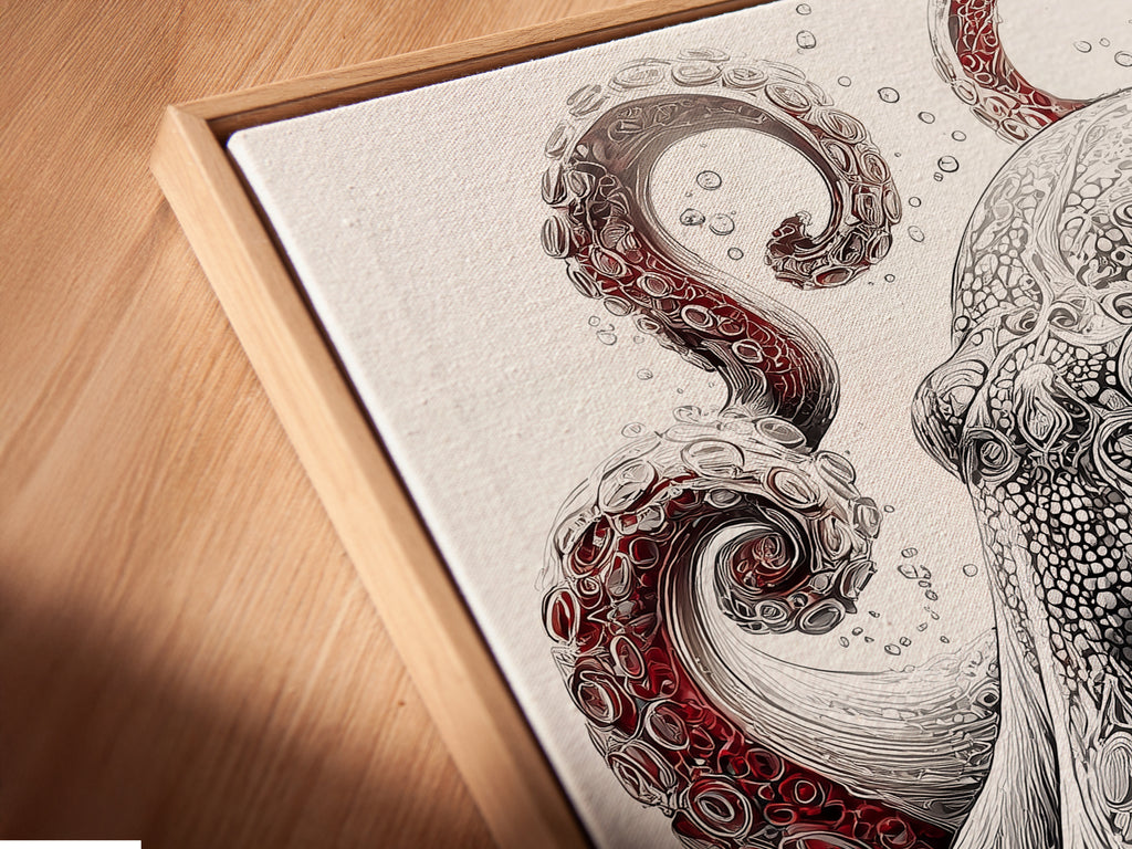 An angled close-up shows a canvas print in a floating frame. This framing option adds depth to the Octopus art. The marine life print is perfect for nautical offices. Discover the beauty of sea life artwork. Enhance your space with this unique piece.