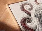 An angled close-up shows a canvas print in a floating frame. This framing option adds depth to the Octopus art. The marine life print is perfect for nautical offices. Discover the beauty of sea life artwork. Enhance your space with this unique piece.
