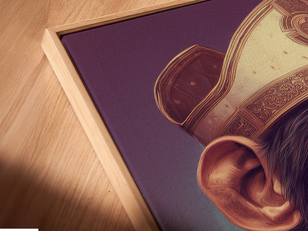 A close-up shot reveals a canvas print of the chimp pope in a floating frame. The art appears to hover within the frame. This unique presentation enhances the artwork's contemporary style. The floating frame adds depth and dimension to this quirky piece of religious satire.