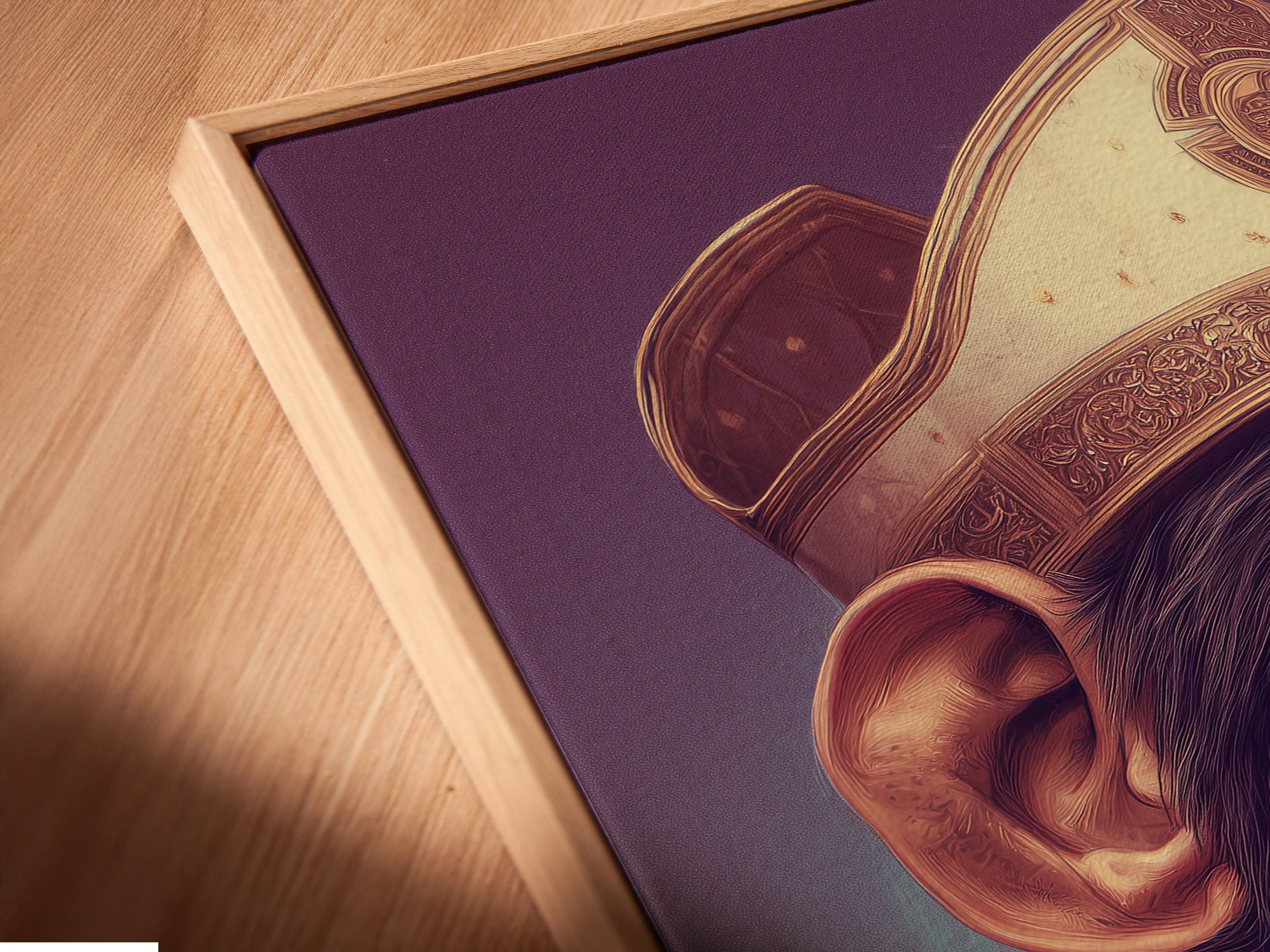 A close-up shot reveals a canvas print of the chimp pope in a floating frame. The art appears to hover within the frame. This unique presentation enhances the artwork's contemporary style. The floating frame adds depth and dimension to this quirky piece of religious satire.