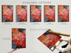 Available options are showcased including a stretched canvas print fine art poster paper and floating frame. The abstract burst artwork features dynamic brushstrokes in red and orange. Choose the perfect format to elevate your space with this vibrant modern artwork.