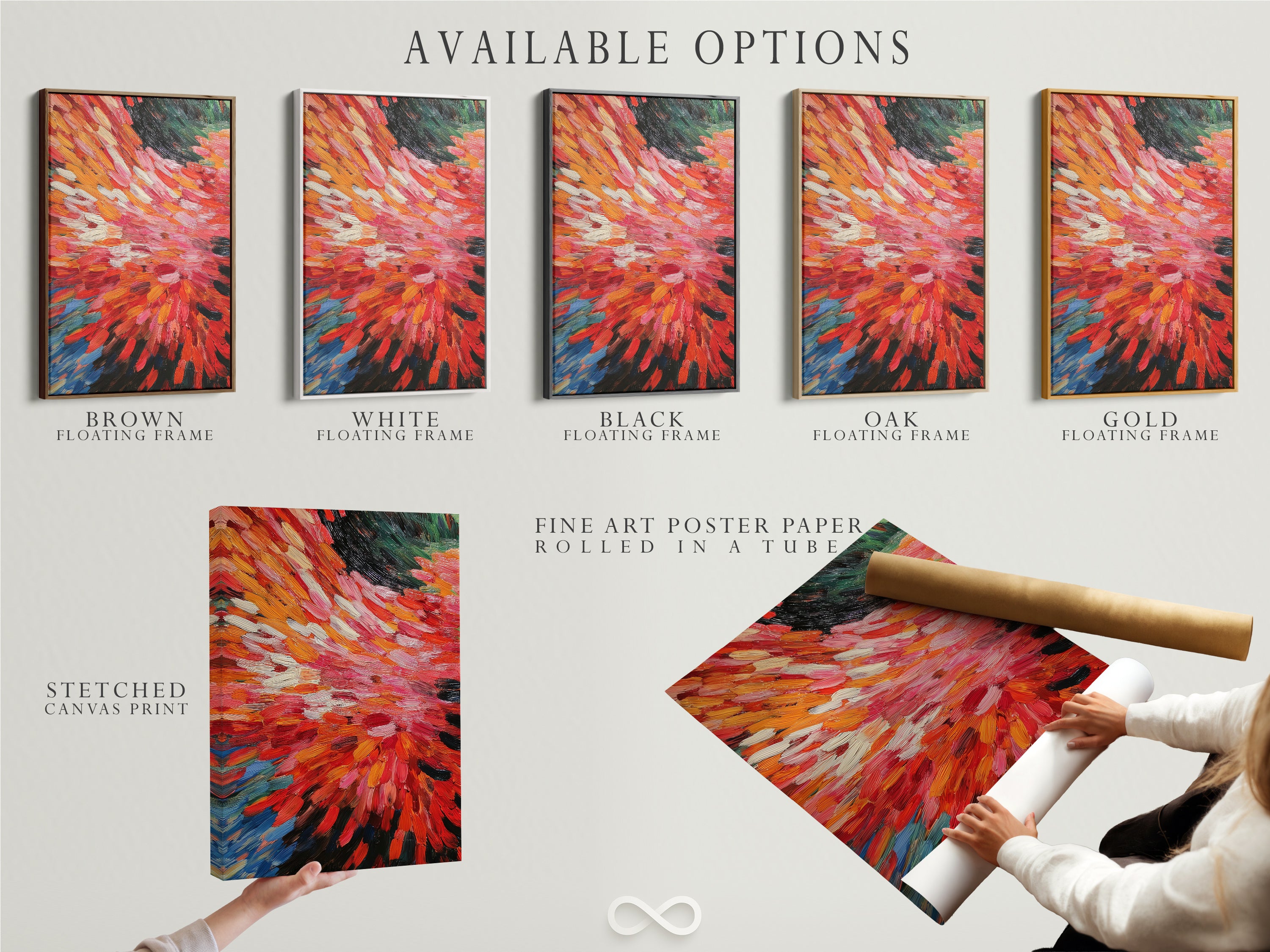 Available options are showcased including a stretched canvas print fine art poster paper and floating frame. The abstract burst artwork features dynamic brushstrokes in red and orange. Choose the perfect format to elevate your space with this vibrant modern artwork.