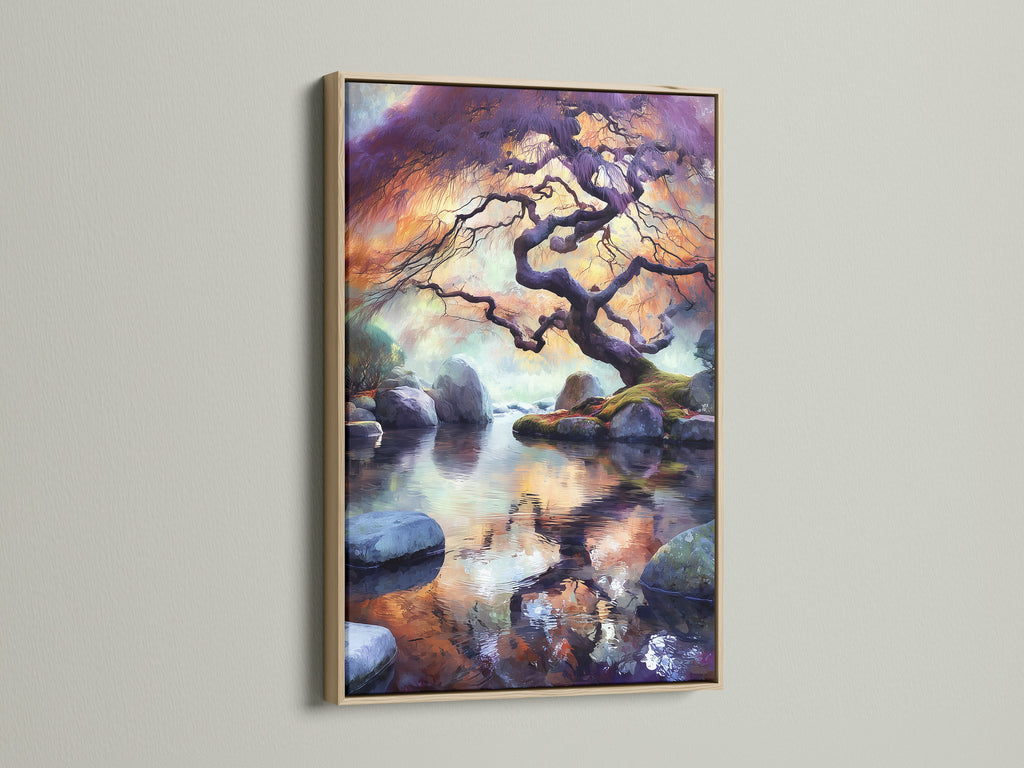 The Japanese Tree Canvas Print is showcased in an oak frame. The zen wall art depicts a beautiful water reflection. The Asian landscape brings a sense of calm. Ideal for living room art or spa wall decor. This bonsai tree print adds a peaceful touch.