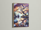 The Japanese Tree Canvas Print is showcased in an oak frame. The zen wall art depicts a beautiful water reflection. The Asian landscape brings a sense of calm. Ideal for living room art or spa wall decor. This bonsai tree print adds a peaceful touch.