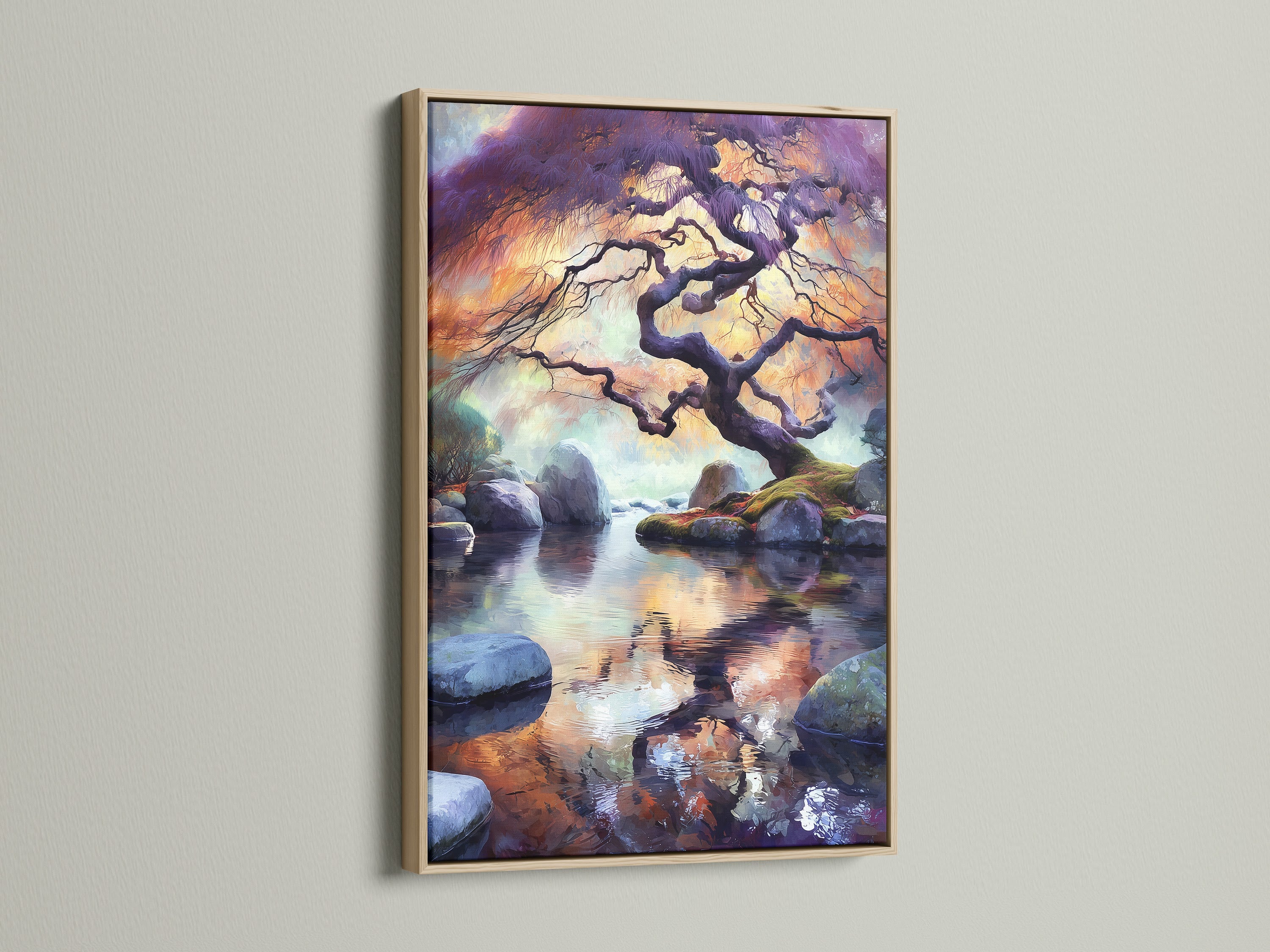 The Japanese Tree Canvas Print is showcased in an oak frame. The zen wall art depicts a beautiful water reflection. The Asian landscape brings a sense of calm. Ideal for living room art or spa wall decor. This bonsai tree print adds a peaceful touch.