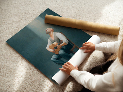 A woman rolling a fine art poster paper print. See the care we take in producing your rustic man with guitar artwork. Order your vintage-style wall art today. Quality guaranteed