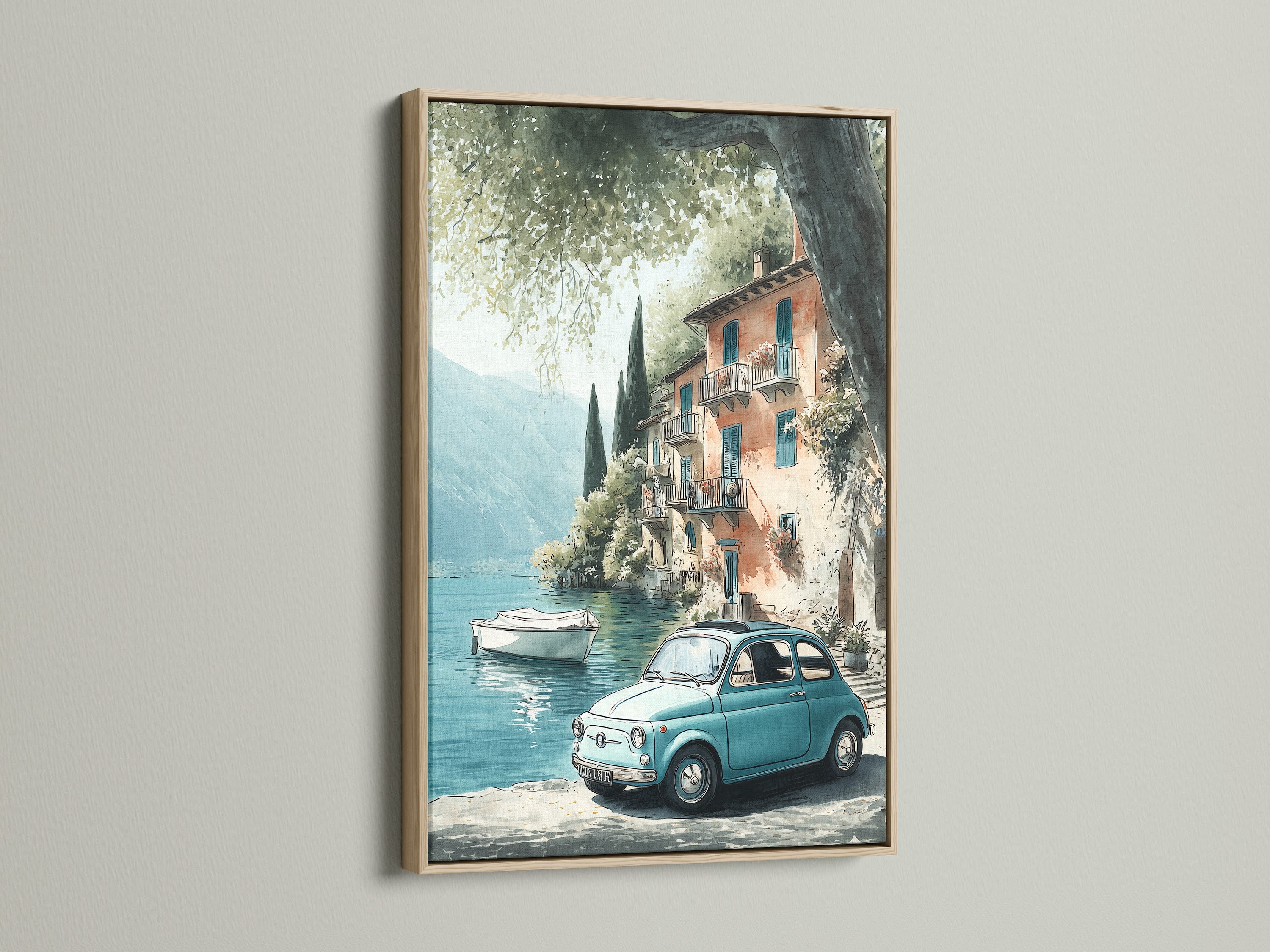 Stampa artistica vintage della costa italiana - Scena di lago mediterraneo, decorazione murale di auto d'epoca, poster di viaggio retrò, arte di un villaggio europeo