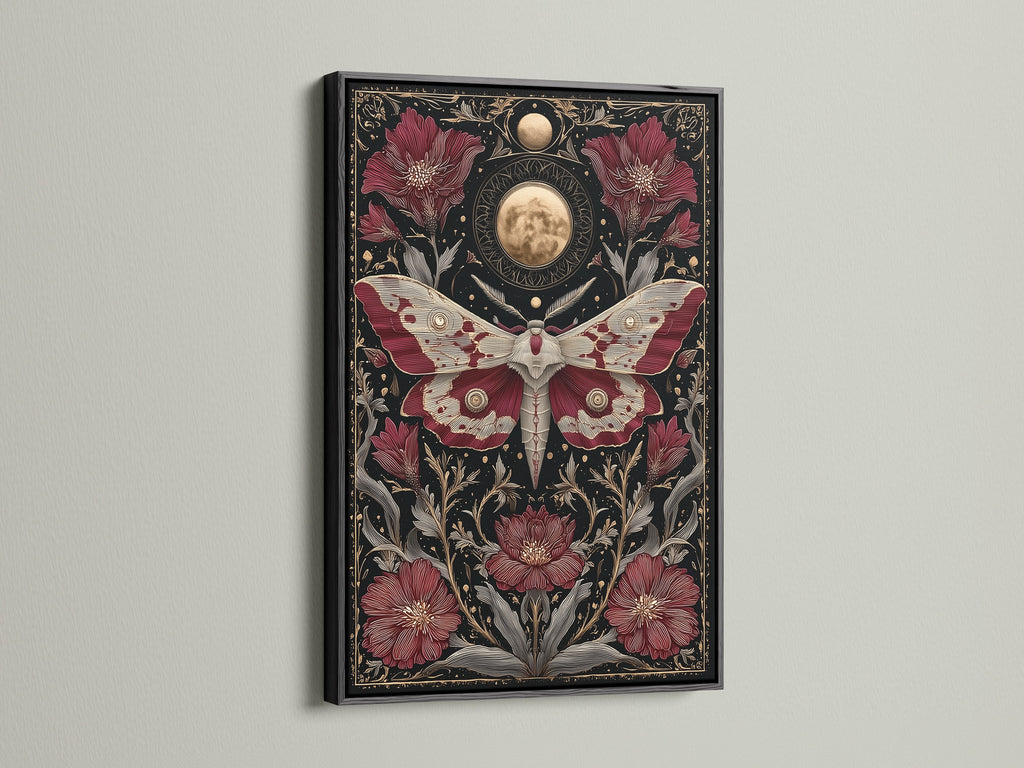 A black frame showcases the celestial moth art print. The gothic botanical artwork stands out. Moon phases add depth to the canvas. This is a striking piece of wall art.
