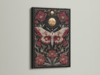 A black frame showcases the celestial moth art print. The gothic botanical artwork stands out. Moon phases add depth to the canvas. This is a striking piece of wall art.