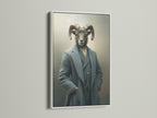 Victorian Animal Art featuring a Ram Portrait in a white frame. This quirky wall art is a unique addition to your decor. It enhances office spaces study rooms and library decor. The animal in suit art offers a sophisticated and creative atmosphere.