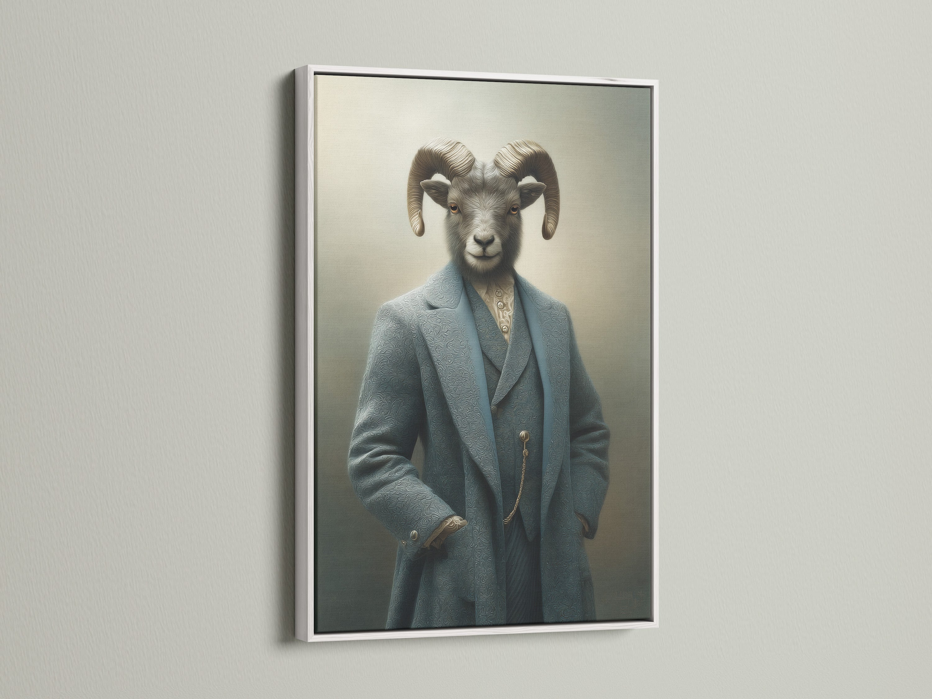 Victorian Animal Art featuring a Ram Portrait in a white frame. This quirky wall art is a unique addition to your decor. It enhances office spaces study rooms and library decor. The animal in suit art offers a sophisticated and creative atmosphere.