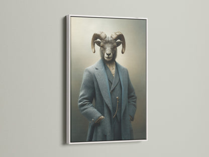 Victorian Animal Art featuring a Ram Portrait in a white frame. This quirky wall art is a unique addition to your decor. It enhances office spaces study rooms and library decor. The animal in suit art offers a sophisticated and creative atmosphere.
