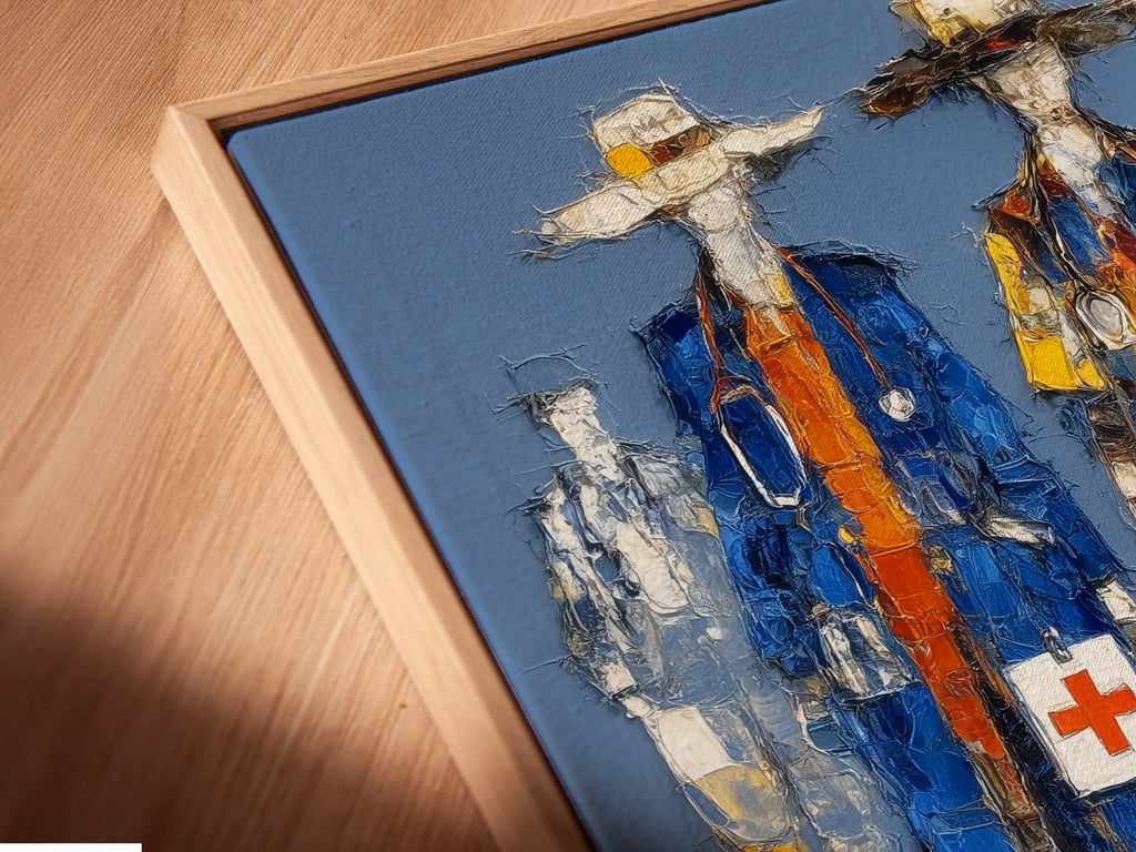Angled close up reveals canvas print in floating frame. The medical heroes artwork is vibrant. The abstract doctor painting enhances the contemporary style. Perfect clinic wall decor.