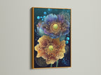 Floral canvas print featuring teal and gold botanical artwork. The print is showcased in a gold frame. This modern flower artwork is perfect for a bedroom. Elevate your walls with this flower canvas!