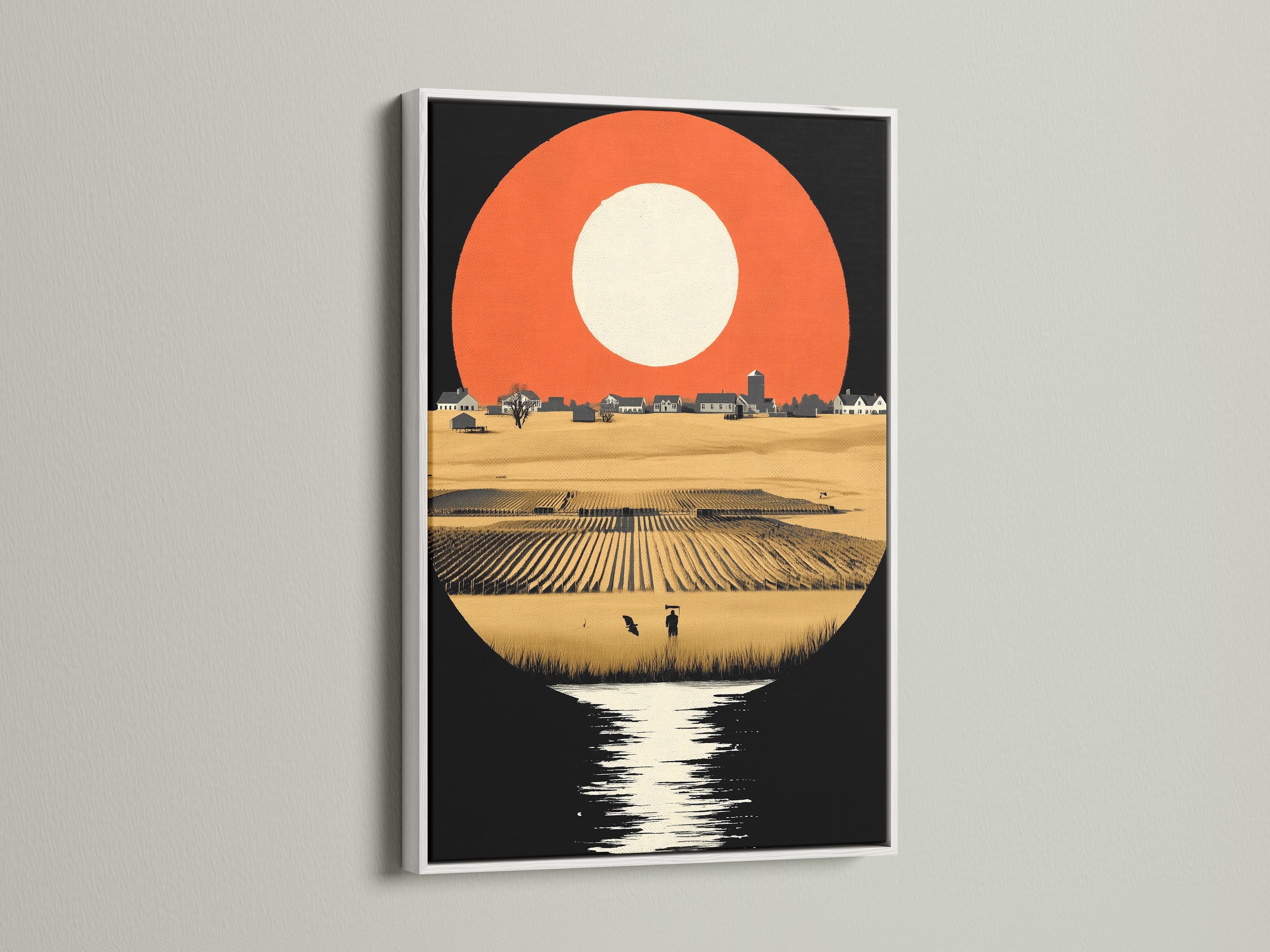 Farm landscape artwork with a white frame. This retro countryside wall art adds a clean touch. The rustic field artwork is perfect for minimalist decor. Enhance your home with this vintage art print.