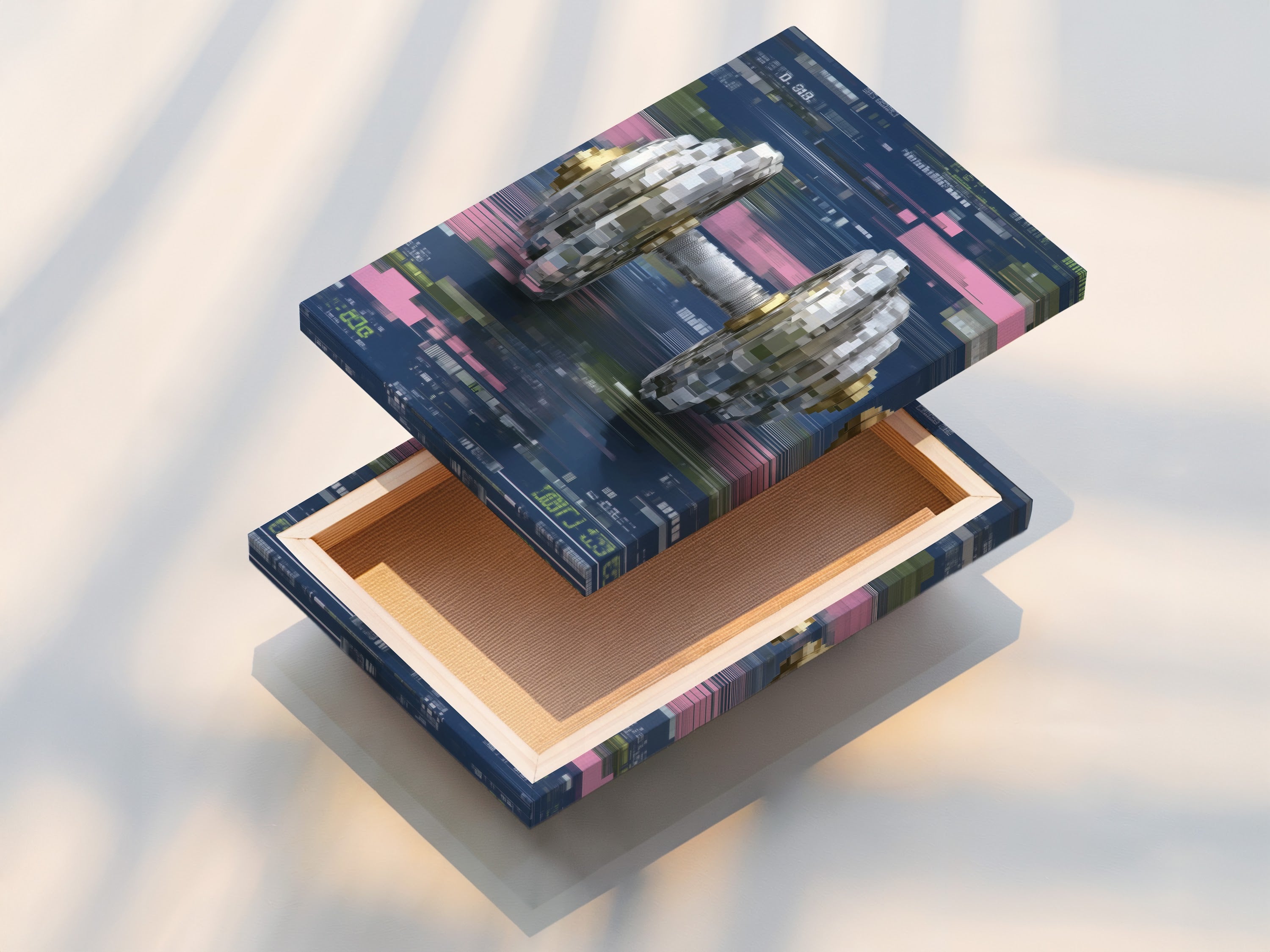 Stretched canvas print of the Digital Glitch Dumbbell art. This fitness canvas print is ready to hang. The artwork features pixel distortion. It's ideal for adding tech wall decor to any space.