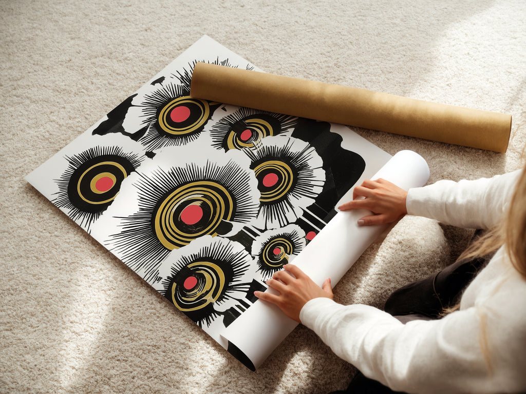 A woman rolls a fine art poster paper showcasing an abstract floral artwork. The modern botanical wall art features a black white and gold palette. It is suitable for creating custom prints for home or office decor. Perfect for those seeking standout art.