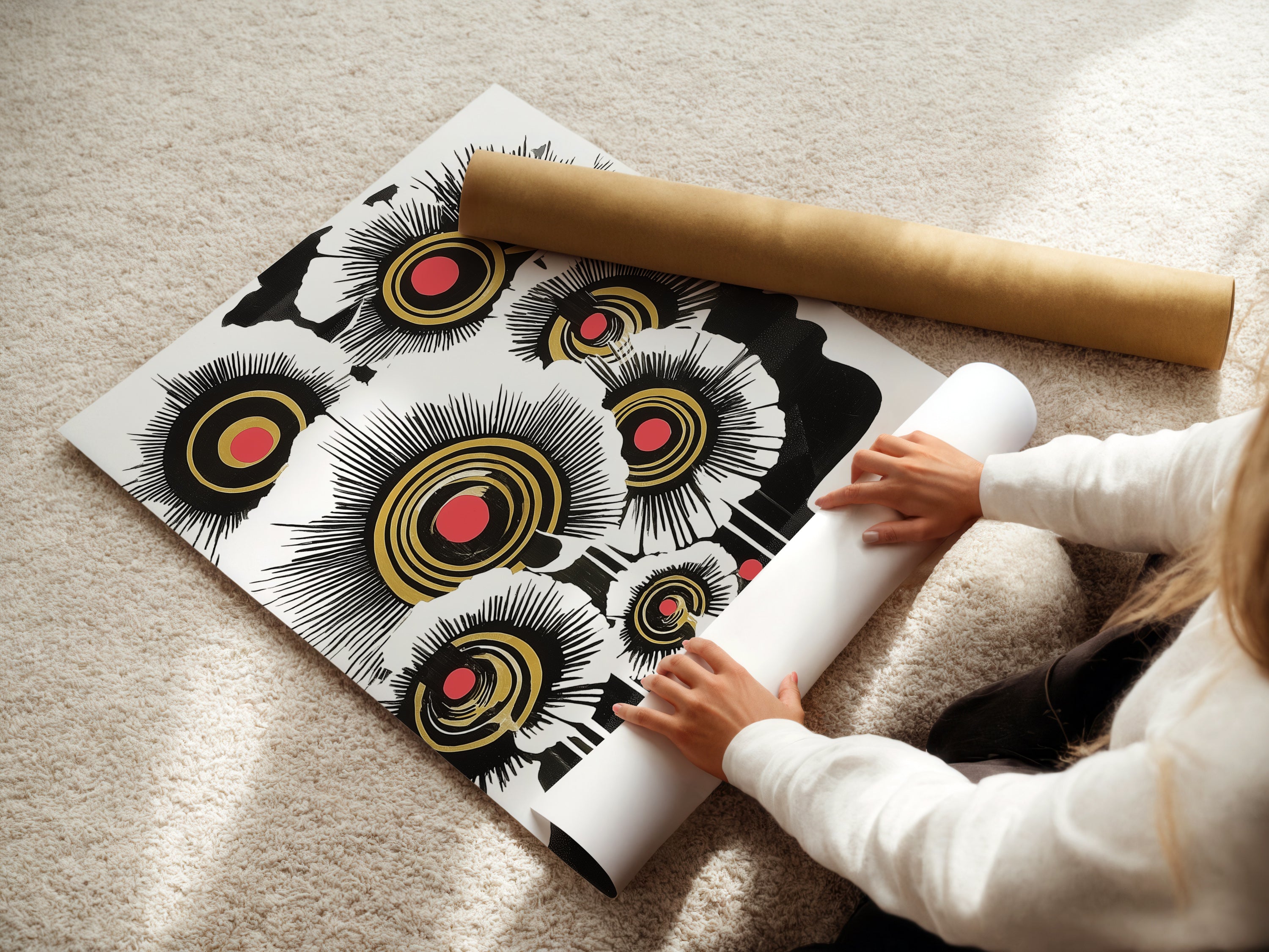 A woman rolls a fine art poster paper showcasing an abstract floral artwork. The modern botanical wall art features a black white and gold palette. It is suitable for creating custom prints for home or office decor. Perfect for those seeking standout art.