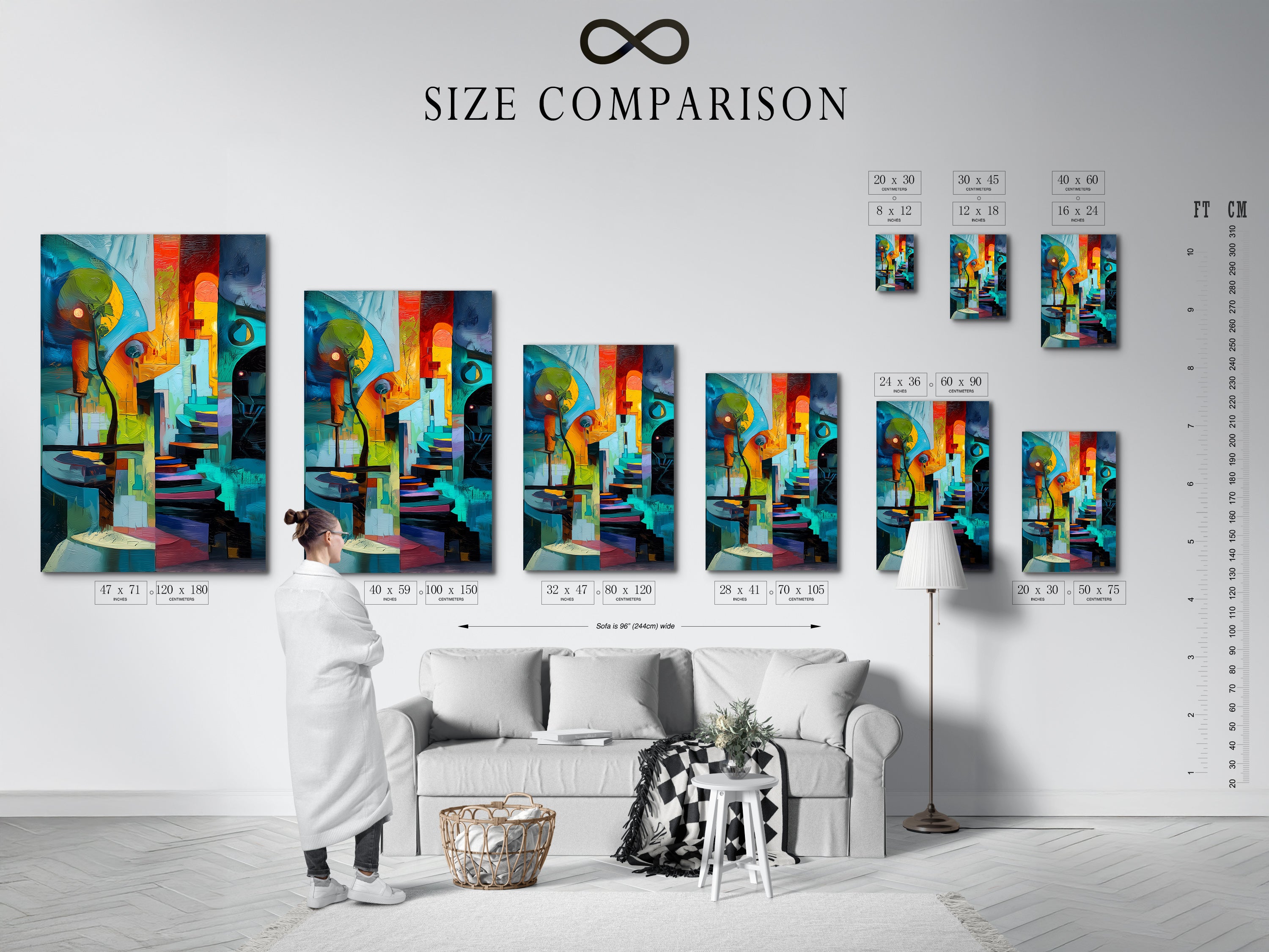 Size comparison chart in an interior setting. You can see options for abstract geometric artwork. Different sizes are available for canvas prints. Find the perfect fit for your space. Teal and orange colors enhance any room. Perfect for modern and eclectic styles.
