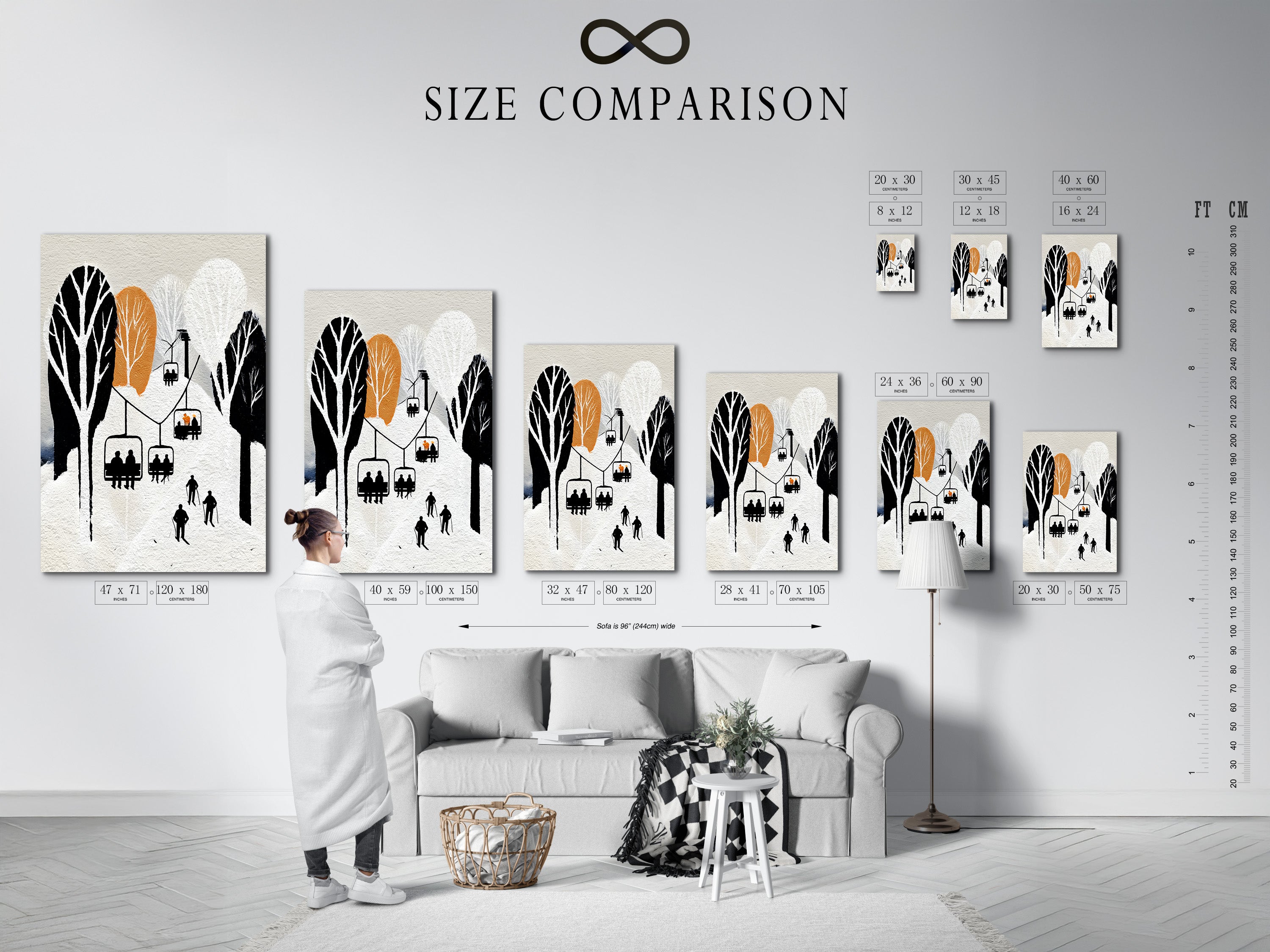 A size comparison chart is presented in an interior setting showcasing various dimensions for a ski lift artwork. This winter mountain wall art is available as a vintage ski resort poster for cabin decor. The snowy alpine artwork enhances lodge styles.
