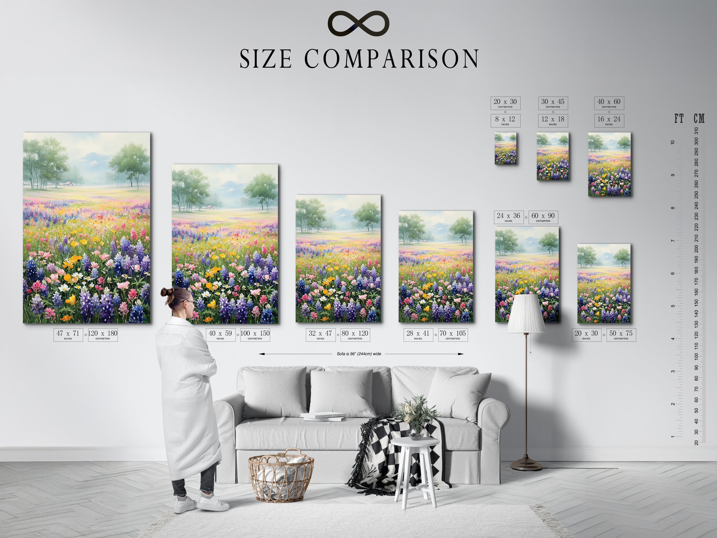 A size comparison chart is displayed in an interior setting. See the available dimensions for the wildflower field artwork. Perfect for finding the ideal fit for your space. Enhance your home with botanical wall art.