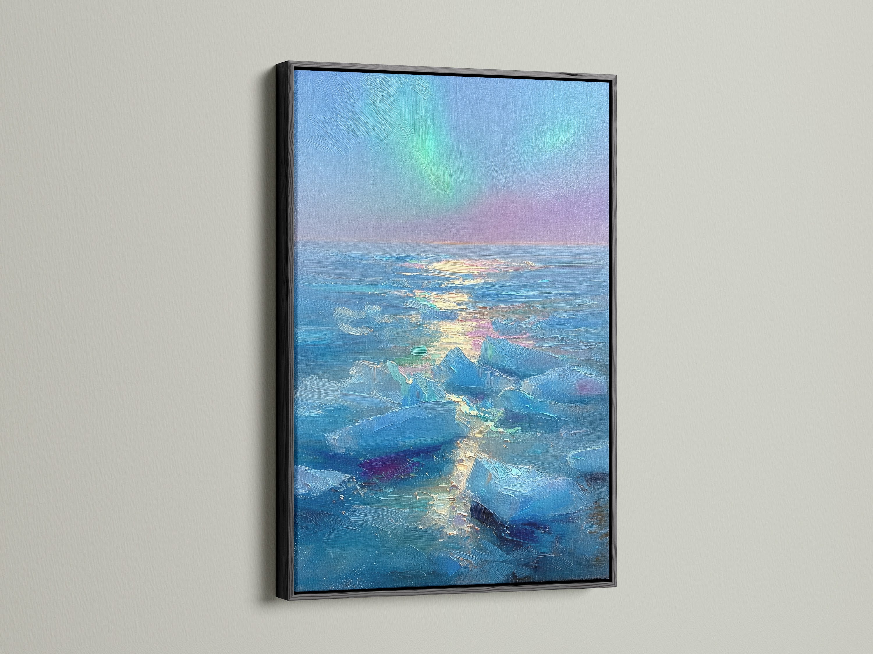 A black frame showcases the artwork. The artwork gets a bold and classic touch. The artwork becomes a focal point in any room. Its versatile look complements any decor. Create a statement with framed art.